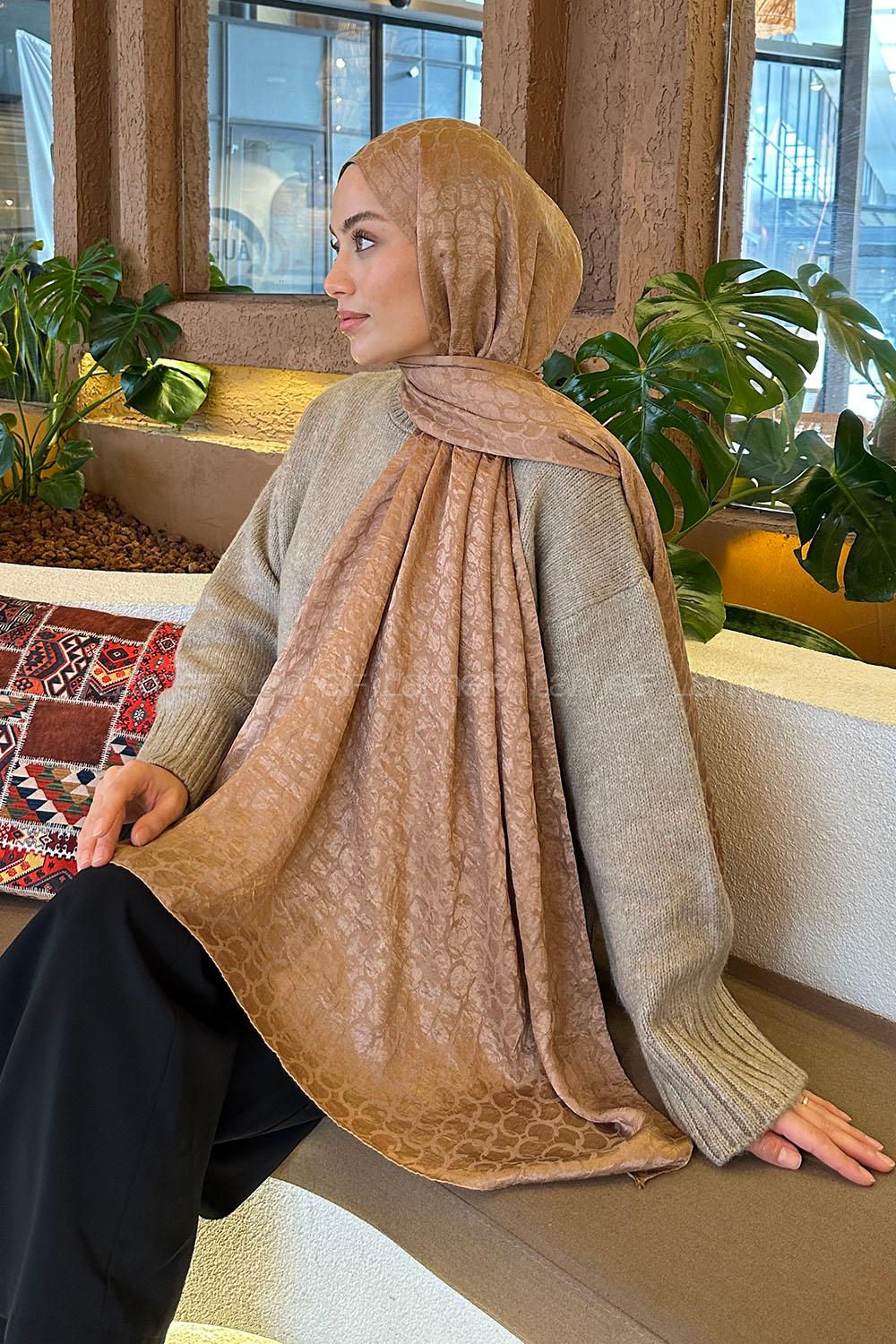 Lamelif  Bloom Desen Ayrobin Floş Jakar  Şal Camel