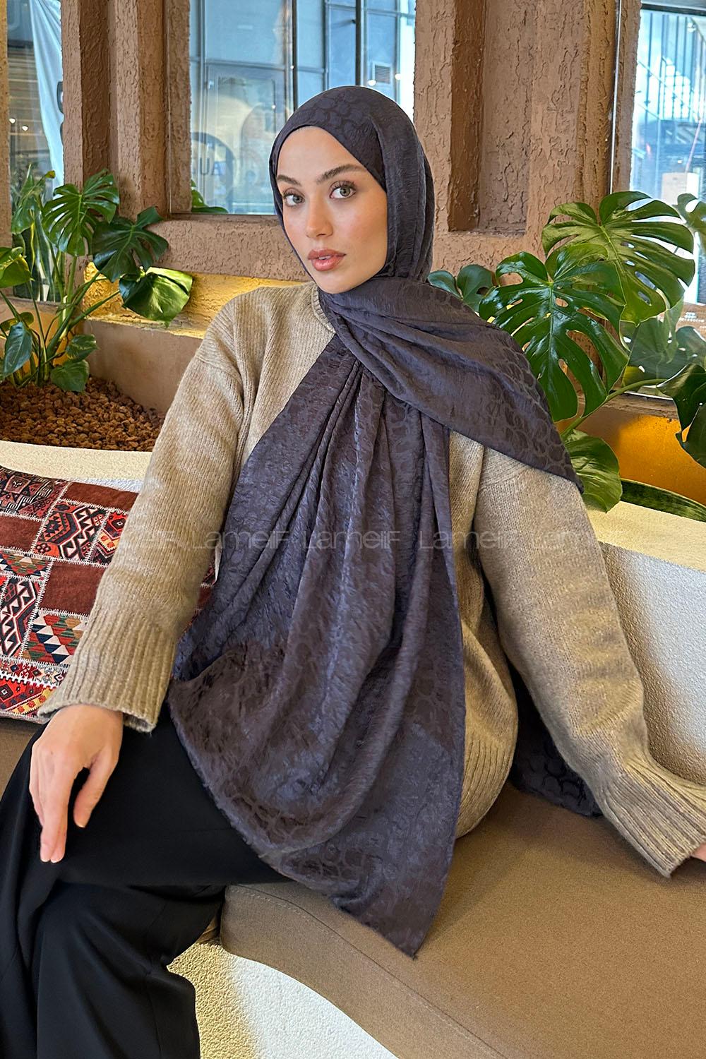 Lamelif  Bloom Desen Ayrobin Floş Jakar  Şal Füme