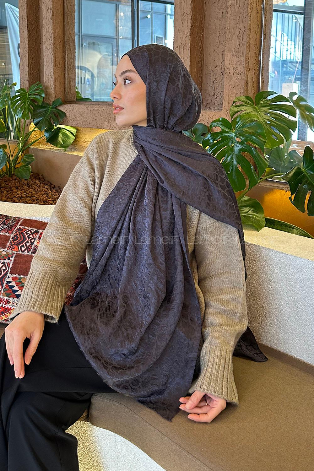 Lamelif  Bloom Desen Ayrobin Floş Jakar  Şal Füme