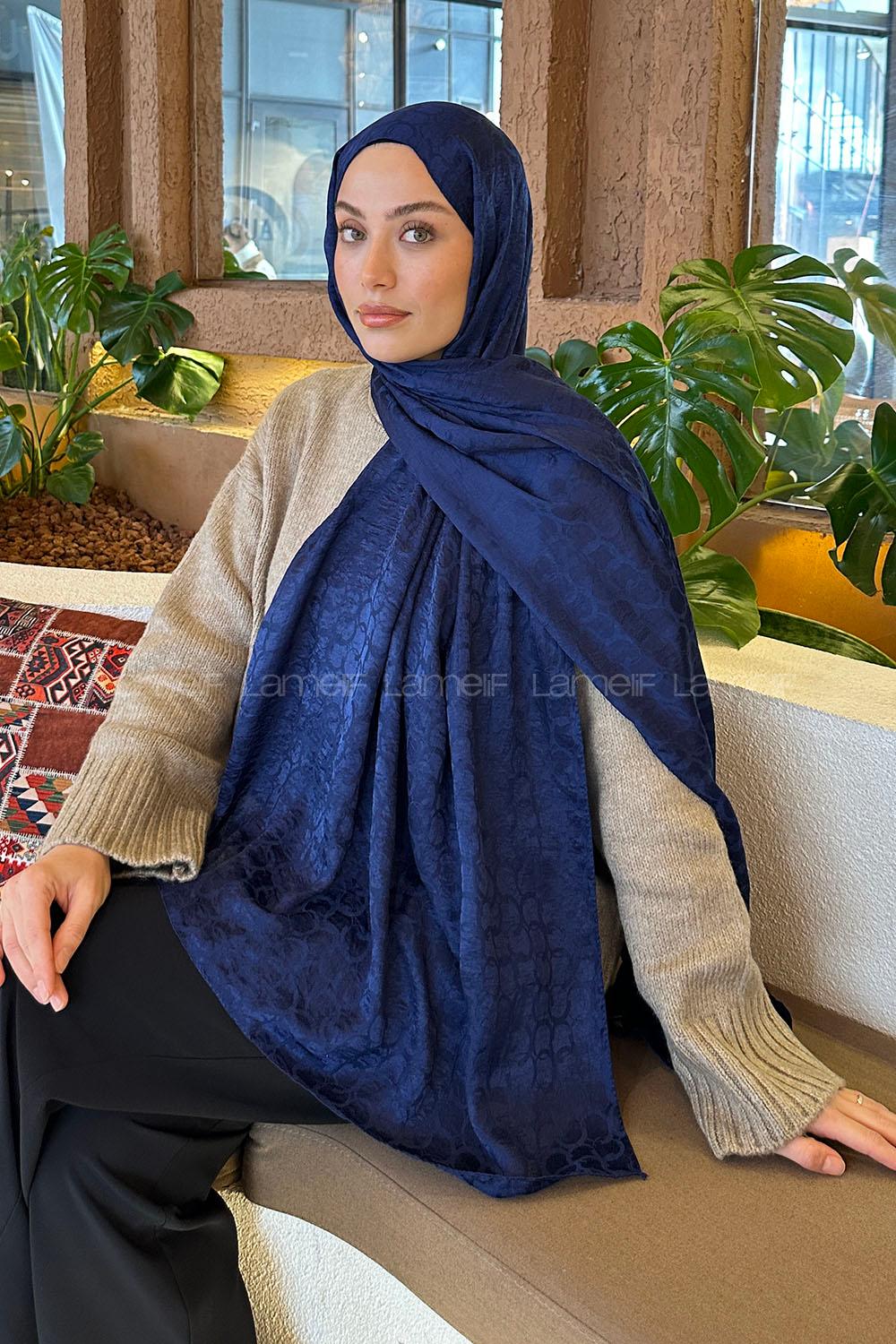 Lamelif  Bloom Desen Ayrobin Floş Jakar  Şal Gece Mavisi