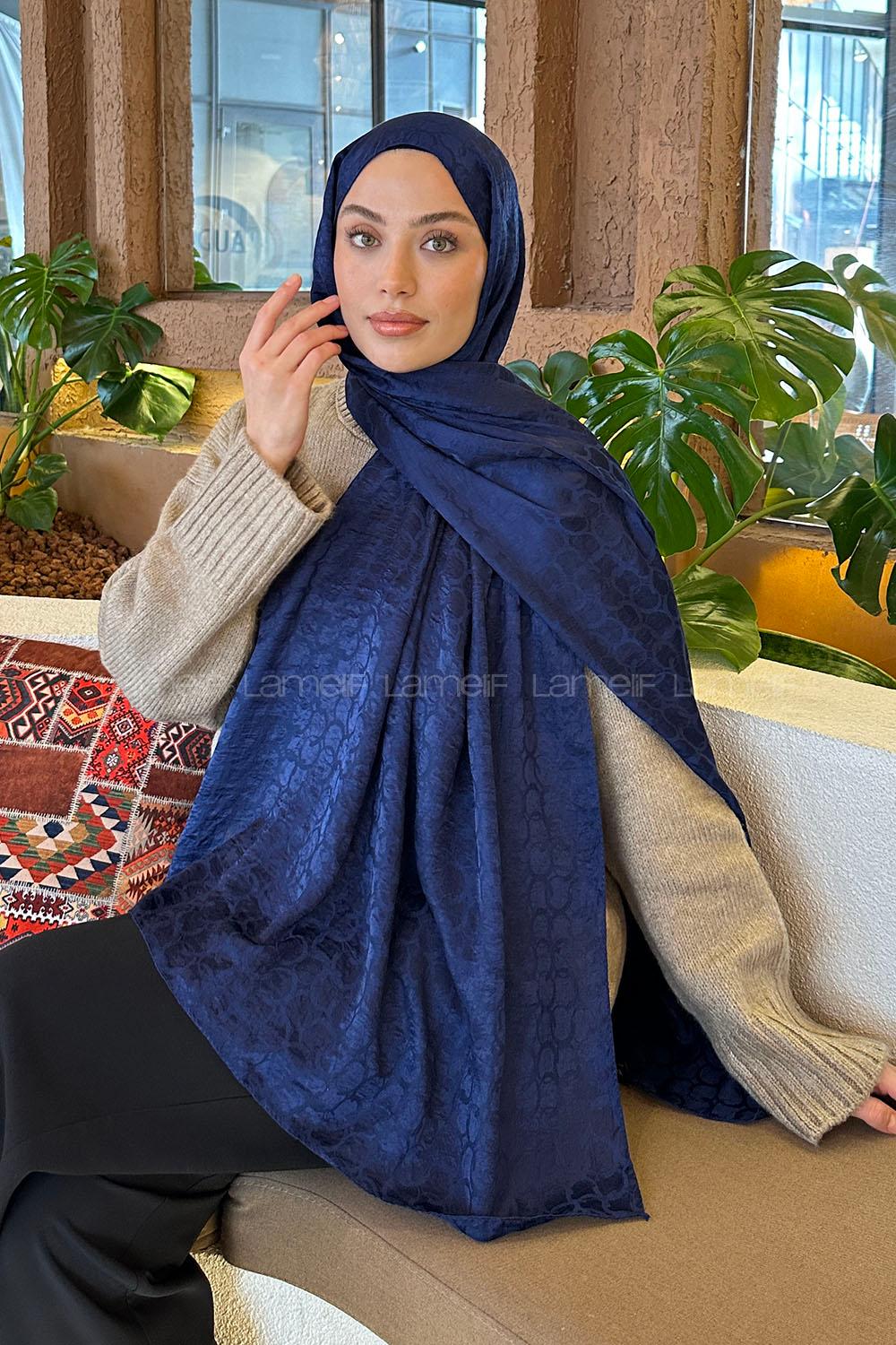 Lamelif  Bloom Desen Ayrobin Floş Jakar  Şal Gece Mavisi
