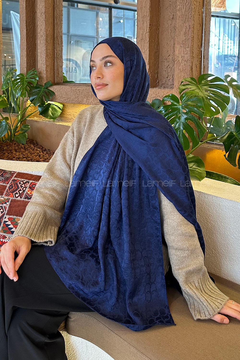 Lamelif  Bloom Desen Ayrobin Floş Jakar  Şal Gece Mavisi