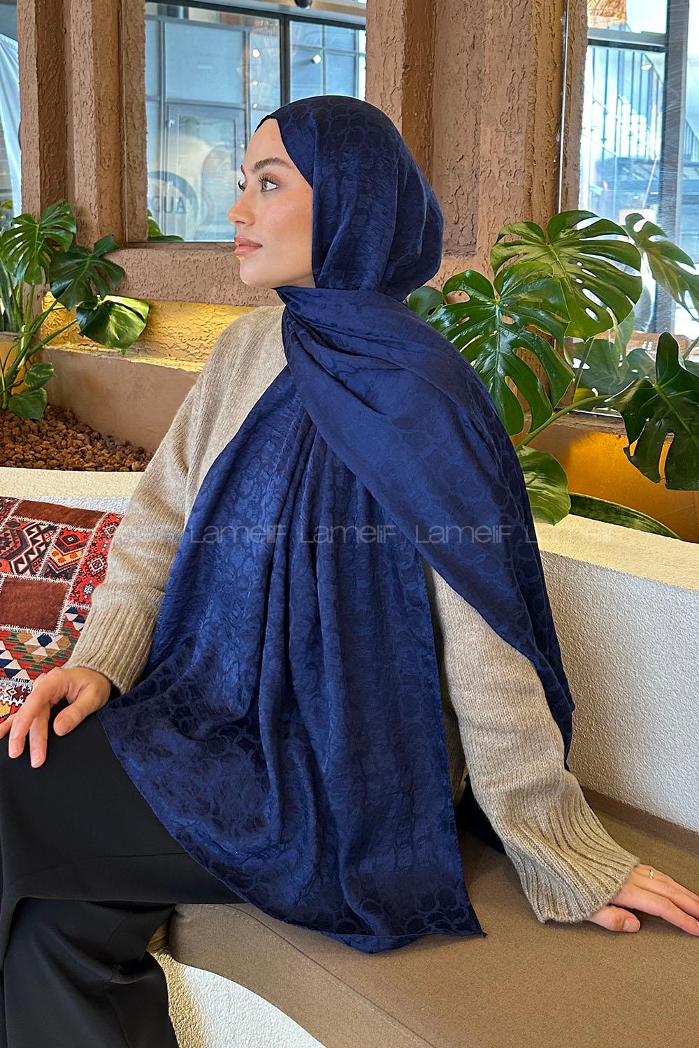 Lamelif  Bloom Desen Ayrobin Floş Jakar  Şal Gece Mavisi