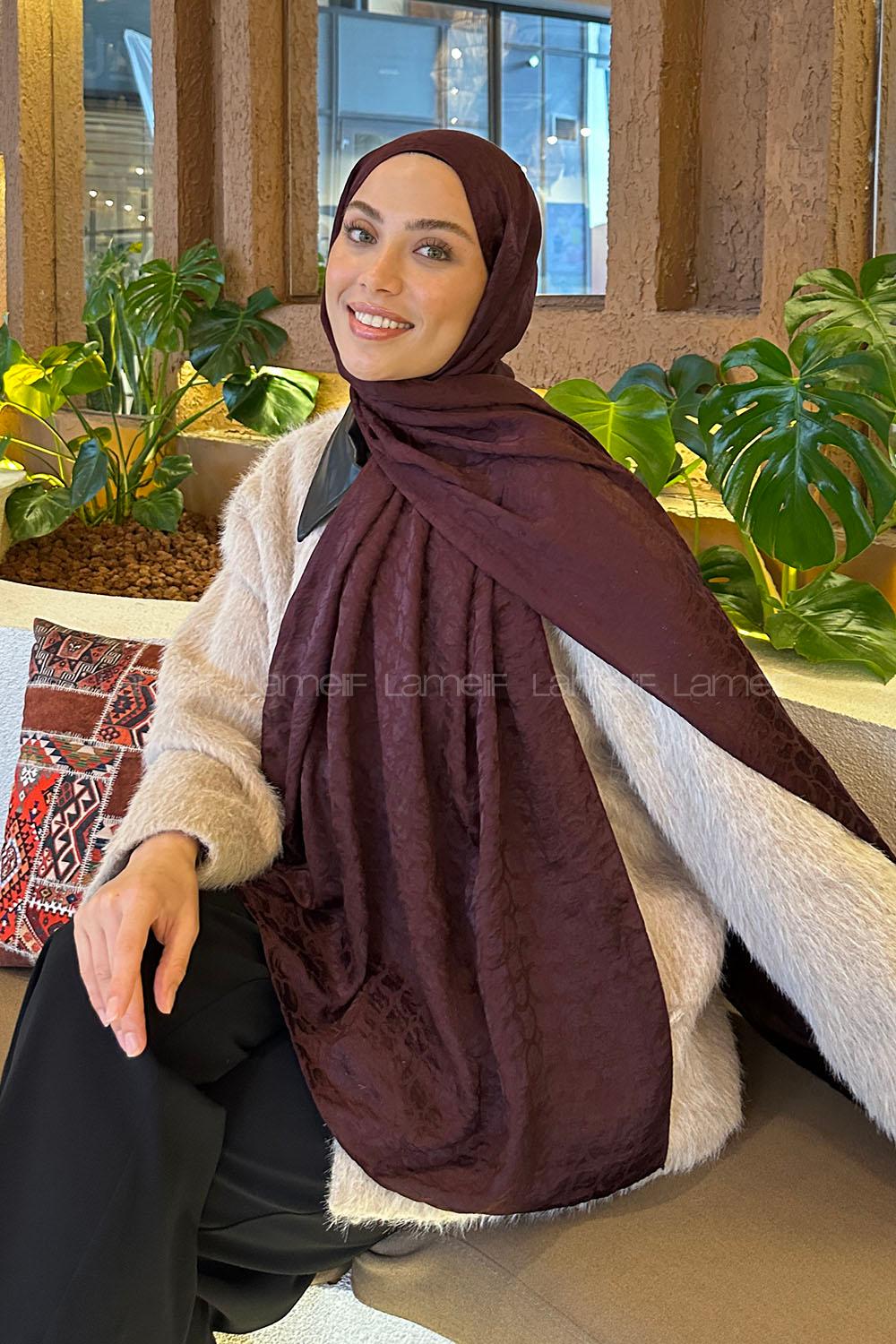 Lamelif  Bloom Desen Ayrobin Floş Jakar  Şal Koyu Bordo