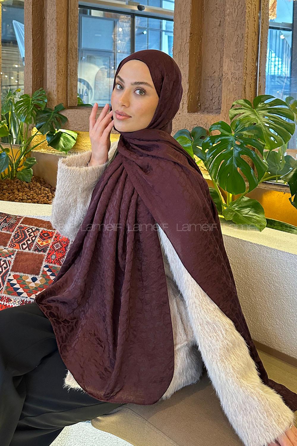 Lamelif  Bloom Desen Ayrobin Floş Jakar  Şal Koyu Bordo