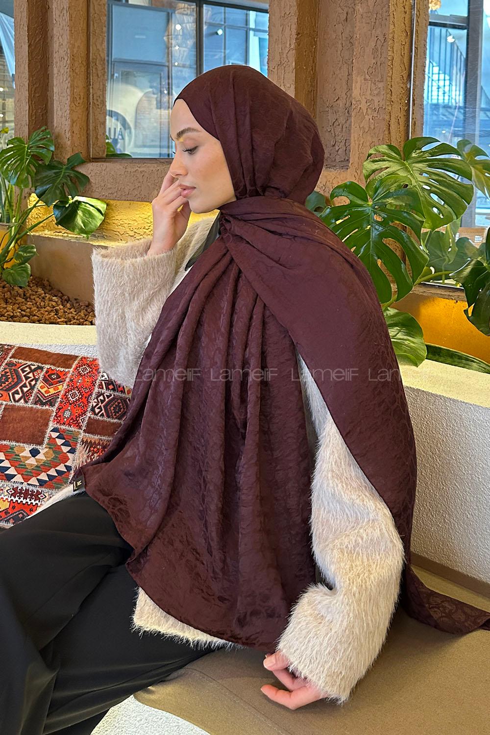 Lamelif  Bloom Desen Ayrobin Floş Jakar  Şal Koyu Bordo