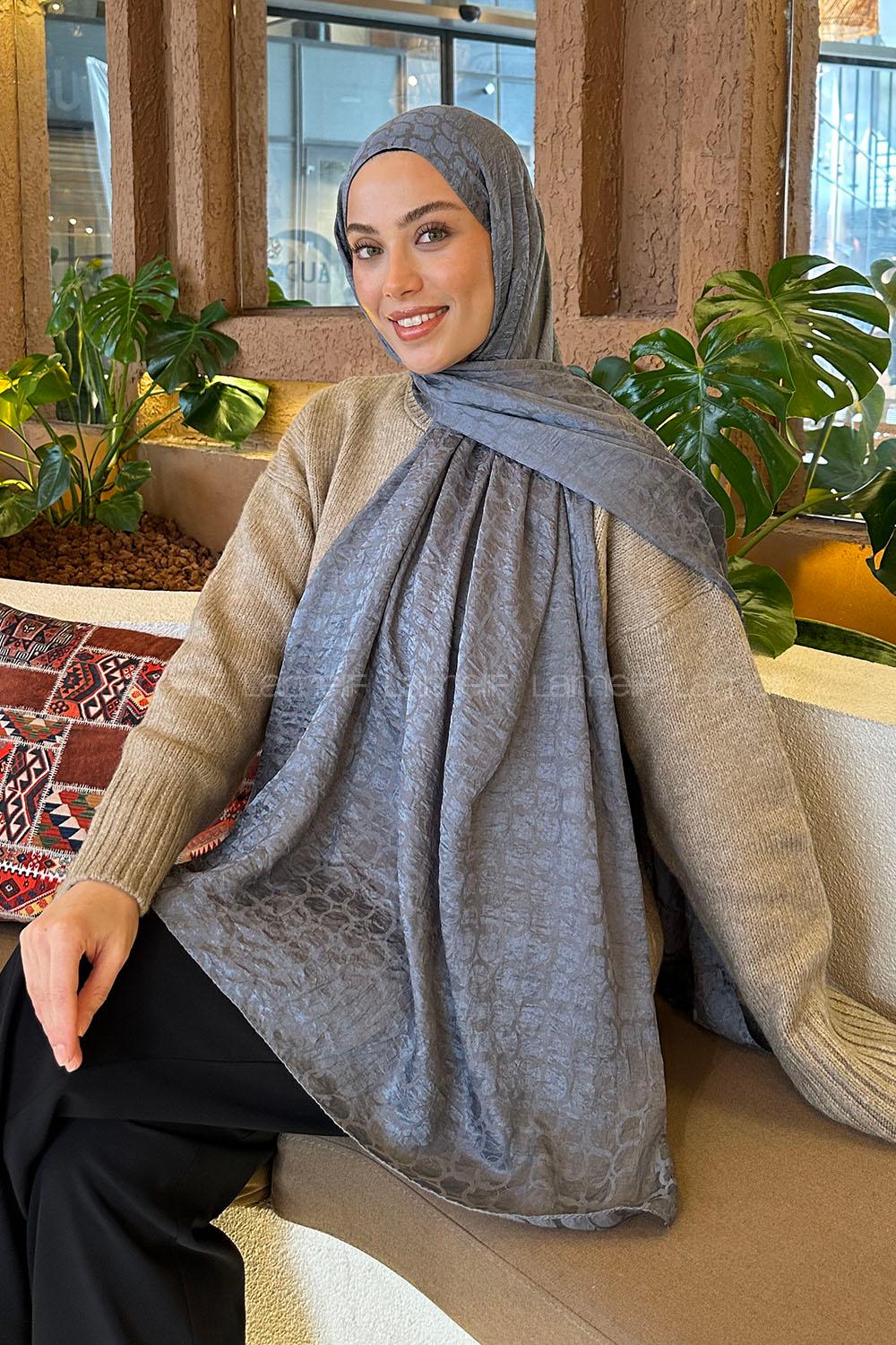 Lamelif  Bloom Desen Ayrobin Floş Jakar  Şal Koyu Gri