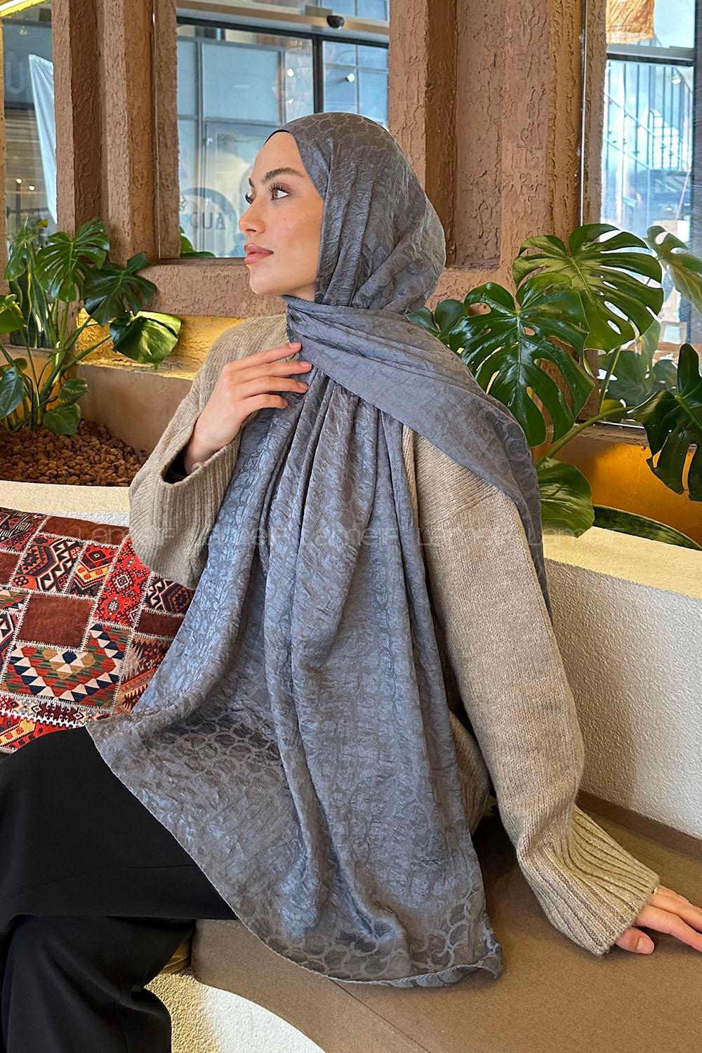 Lamelif  Bloom Desen Ayrobin Floş Jakar  Şal Koyu Gri