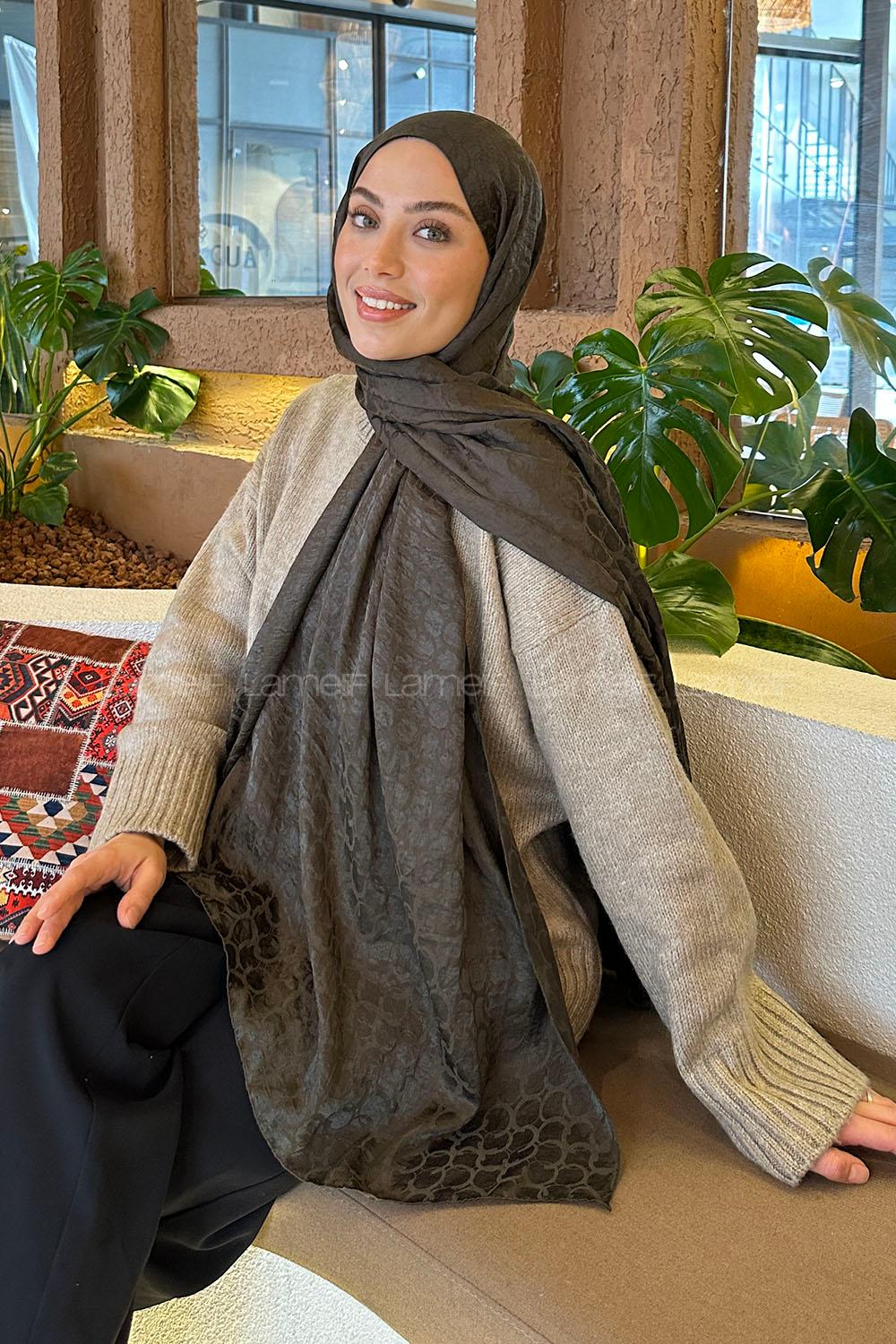 Lamelif  Bloom Desen Ayrobin Floş Jakar  Şal Koyu Yeşil