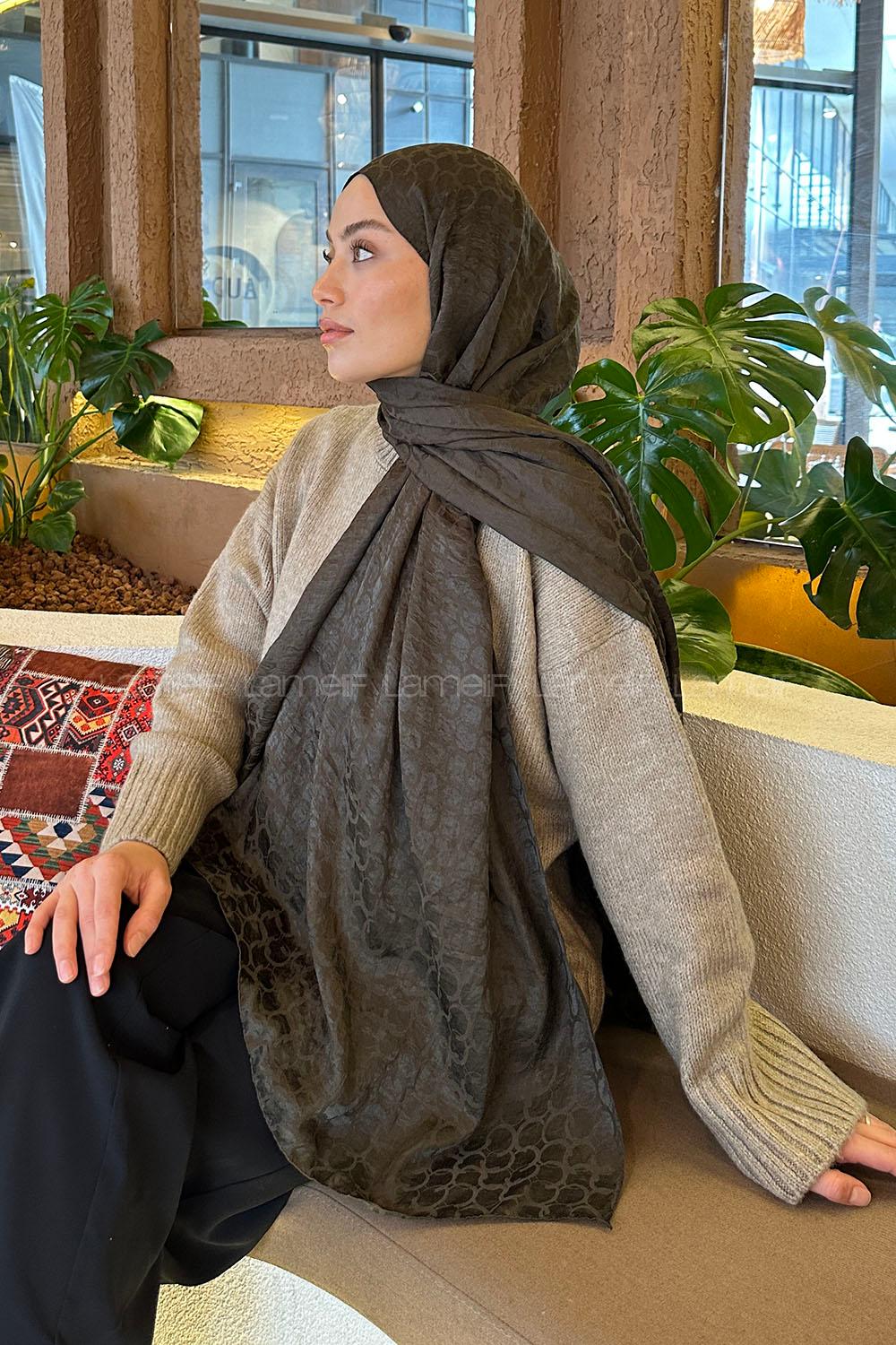 Lamelif  Bloom Desen Ayrobin Floş Jakar  Şal Koyu Yeşil