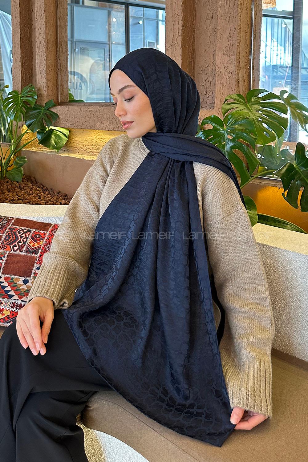 Lamelif  Bloom Desen Ayrobin Floş Jakar  Şal Lacivert