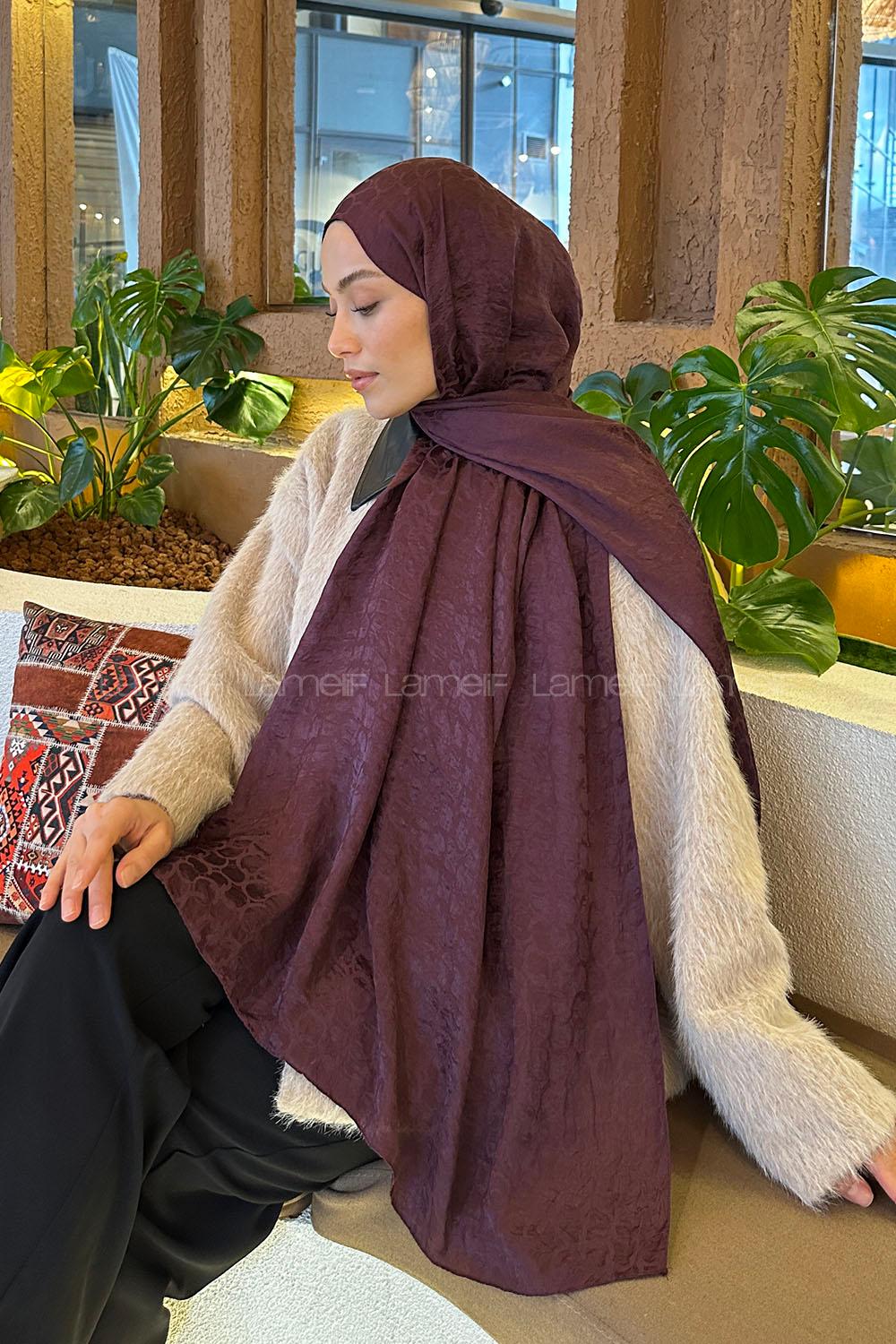 Lamelif  Bloom Desen Ayrobin Floş Jakar  Şal Mürdüm