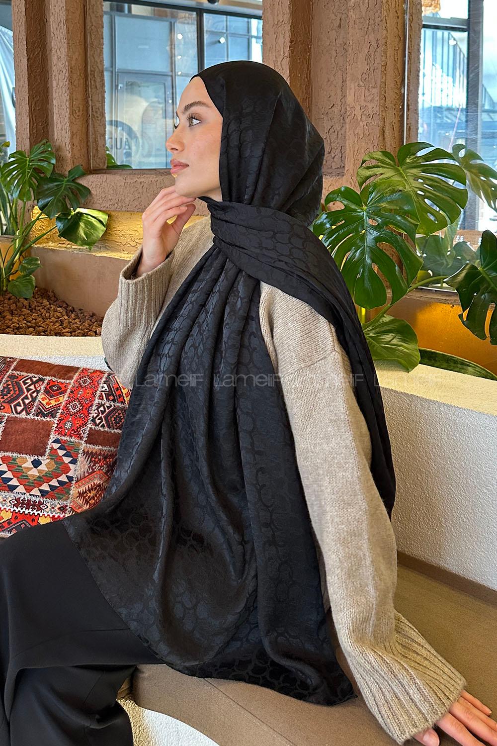 Lamelif  Bloom Desen Ayrobin Floş Jakar  Şal Siyah