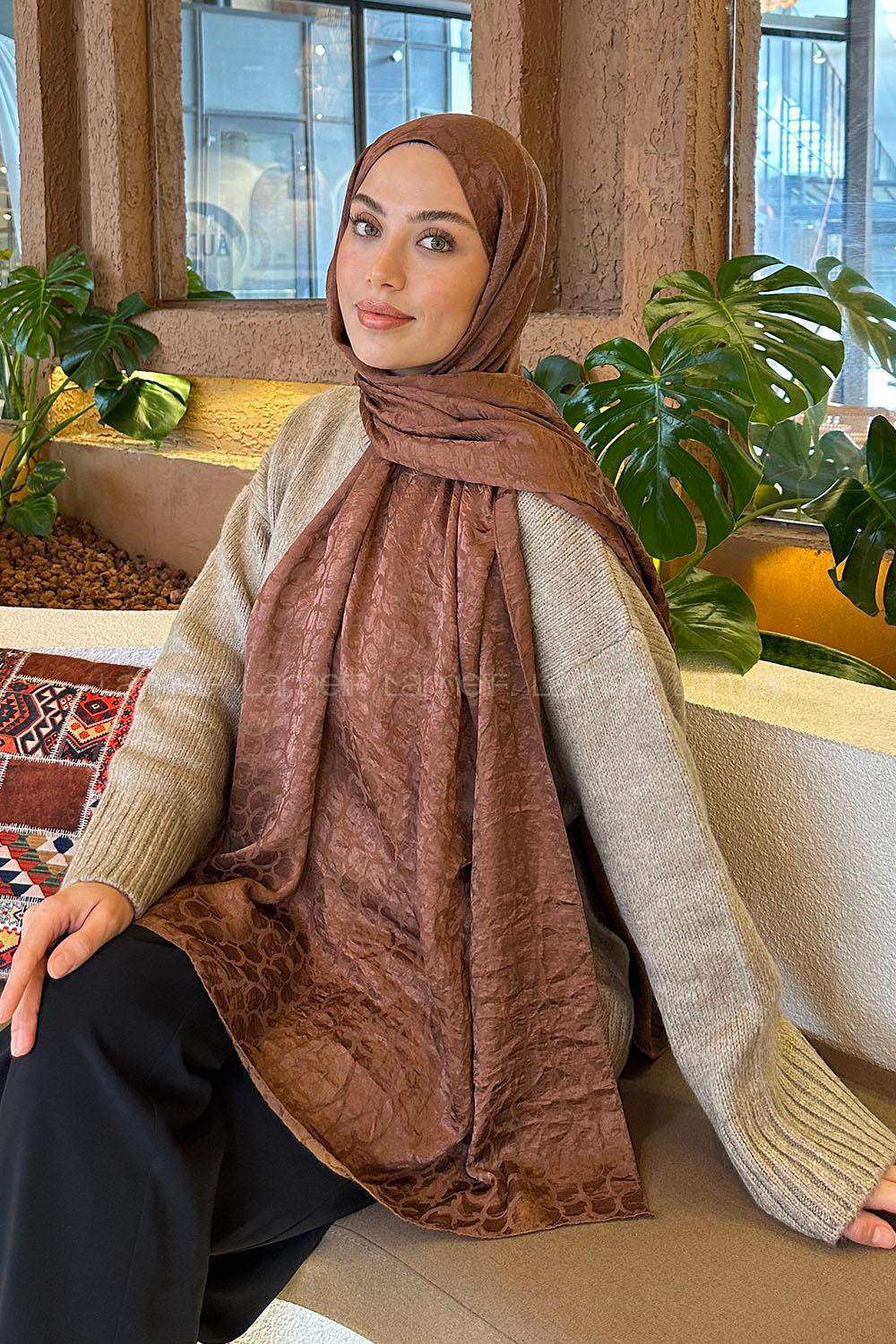 Lamelif  Bloom Desen Ayrobin Floş Jakar  Şal Sütlü Kahve