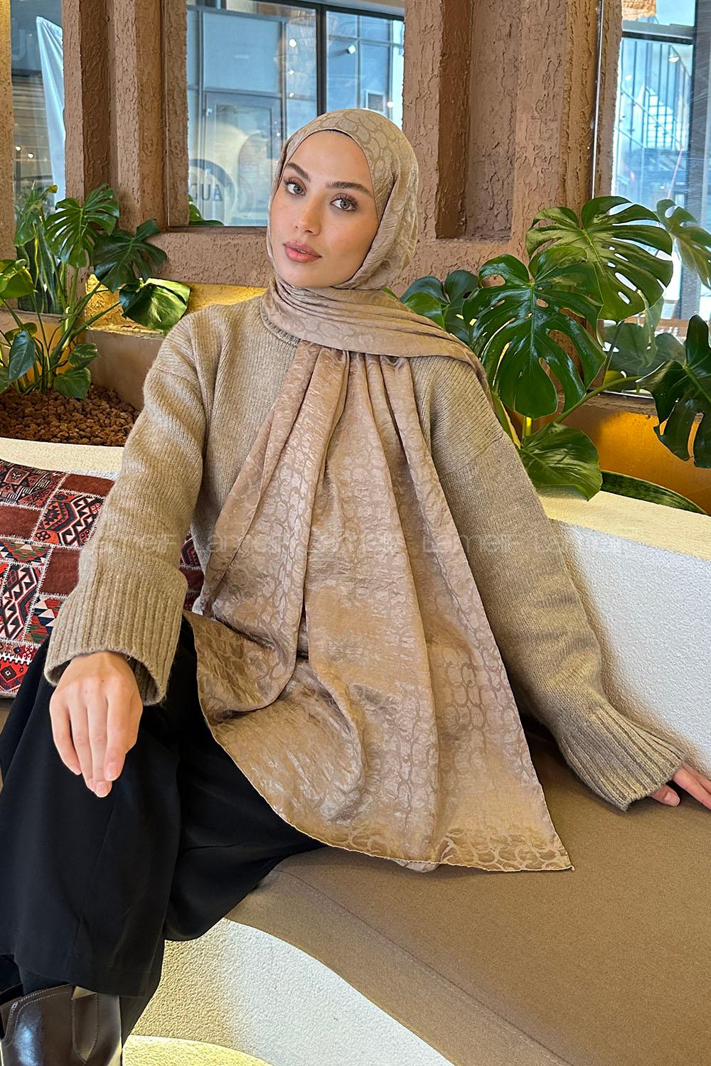 Lamelif  Bloom Desen Ayrobin Floş Jakar  Şal Vizon