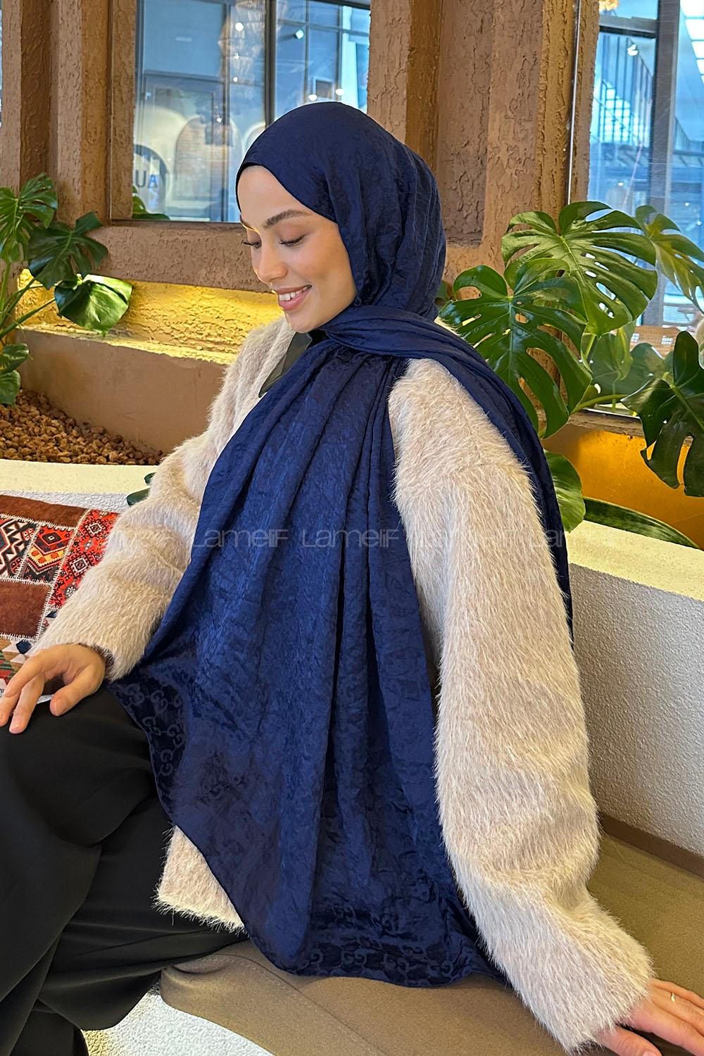 Lamelif  G Desen Ayrobin Floş Jakar  Şal Gece Mavisi