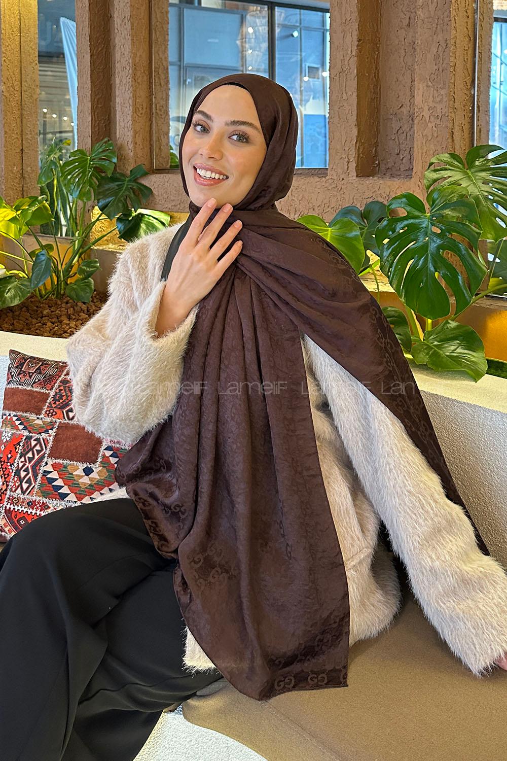 Lamelif  G Desen Ayrobin Floş Jakar  Şal Kahverengi