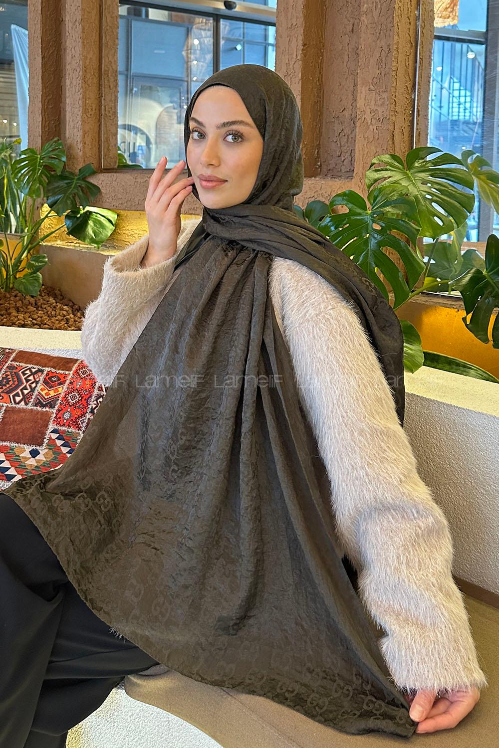 Lamelif  G Desen Ayrobin Floş Jakar  Şal Koyu Yeşil