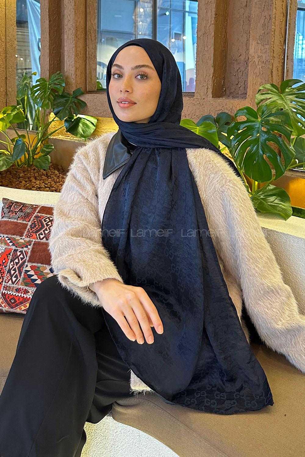 Lamelif  G Desen Ayrobin Floş Jakar  Şal Lacivert