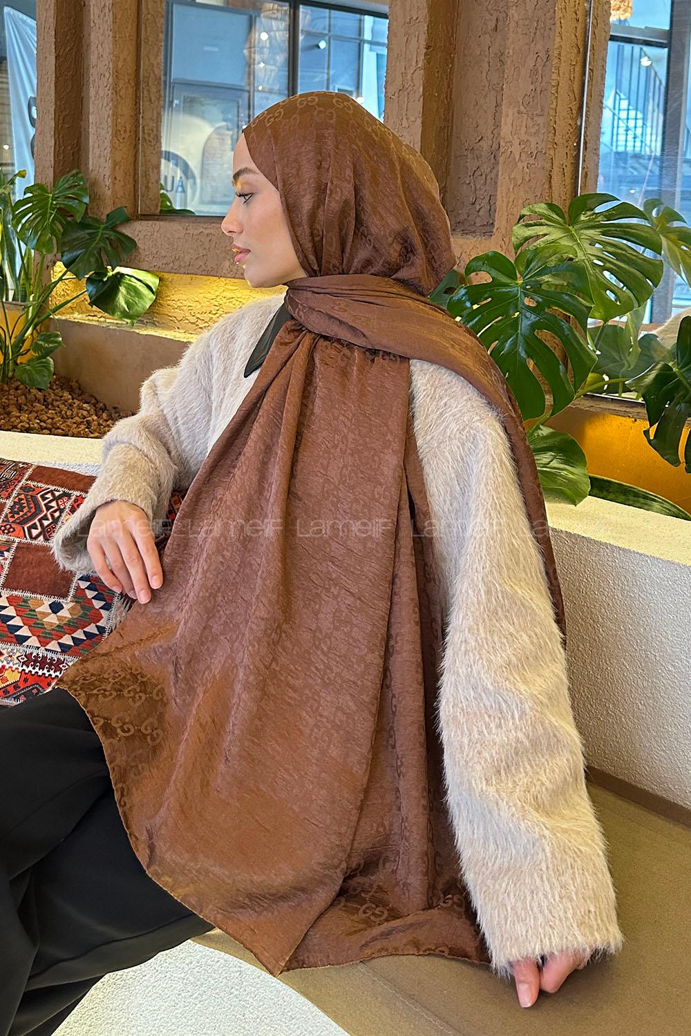 Lamelif  G Desen Ayrobin Floş Jakar  Şal Sütlü Kahve