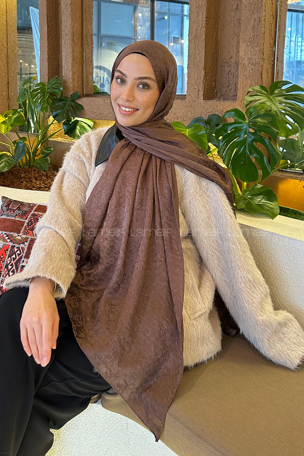 Lamelif  G Desen Ayrobin Floş Jakar  Şal Tozlu Kahve