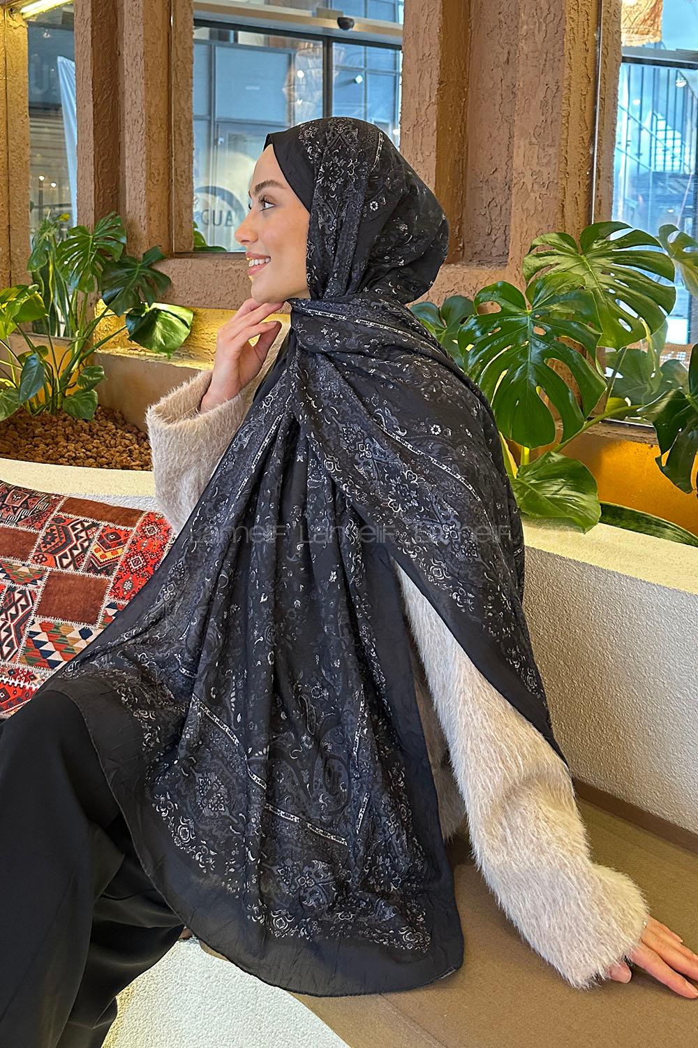 Lamelif Retro Desen Bambu Şal Antrasit