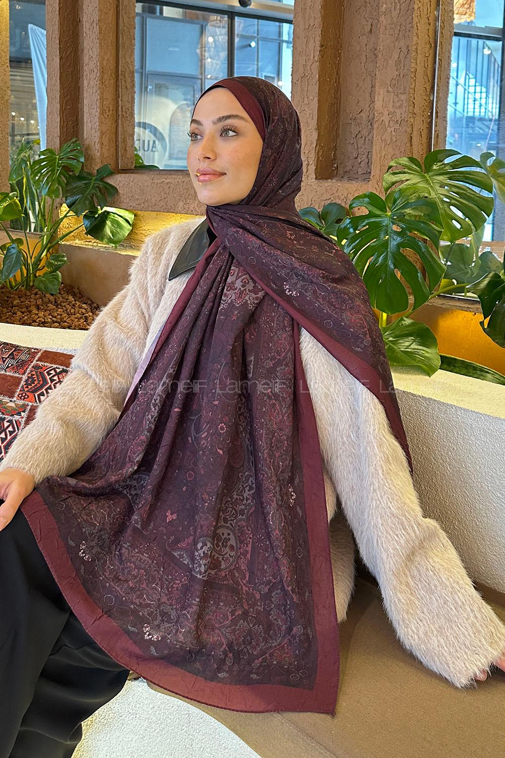 Lamelif Retro Desen Bambu Şal Koyu Bordo