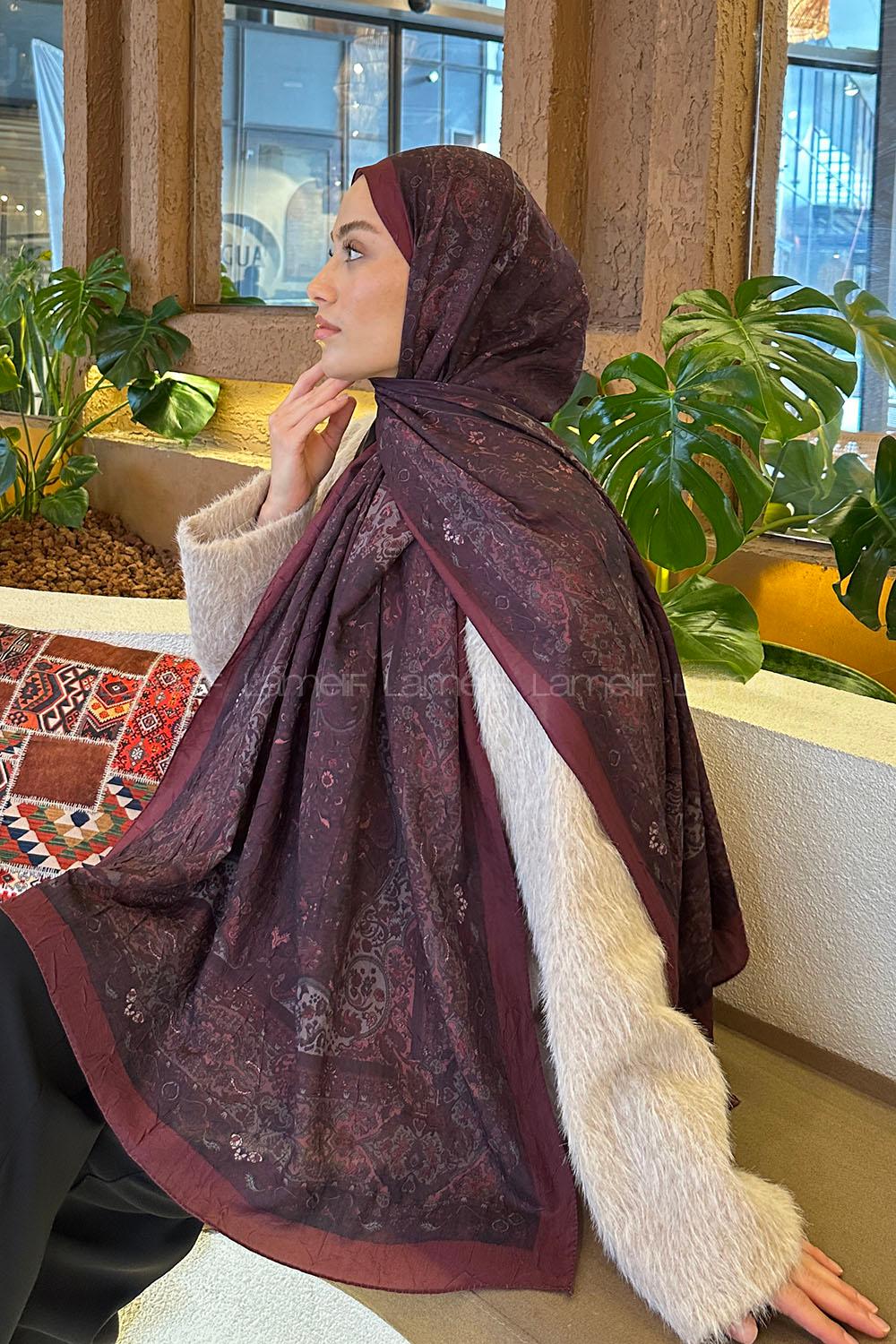 Lamelif Retro Desen Bambu Şal Koyu Bordo