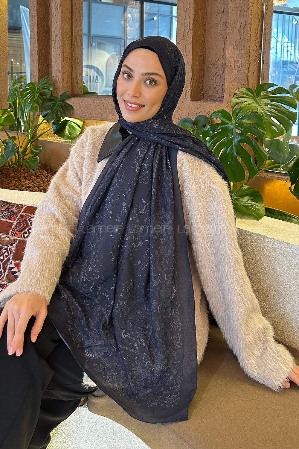 Lamelif Retro Desen Bambu Şal Lacivert