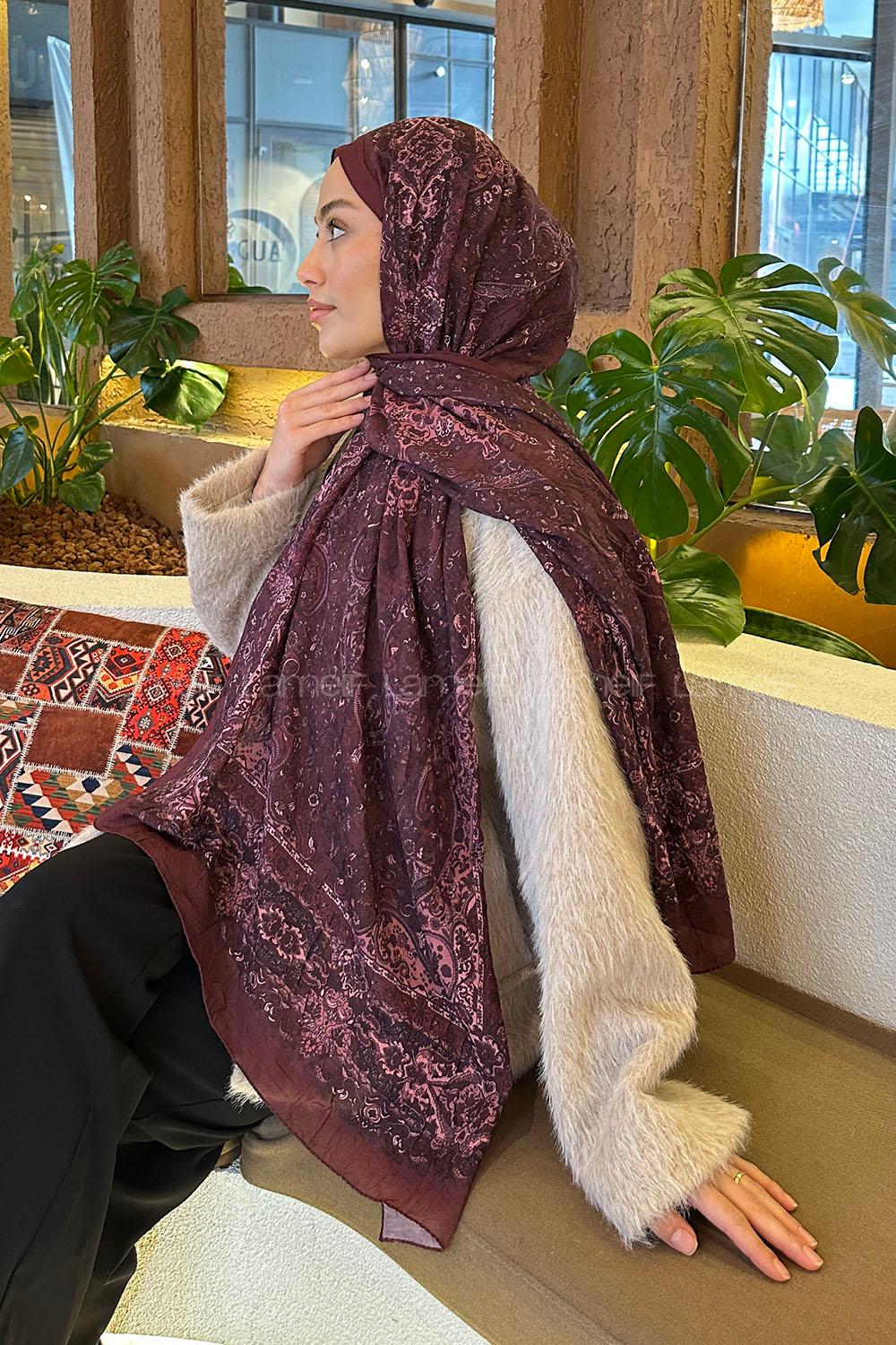 Lamelif Retro Desen Bambu Şal Mürdüm