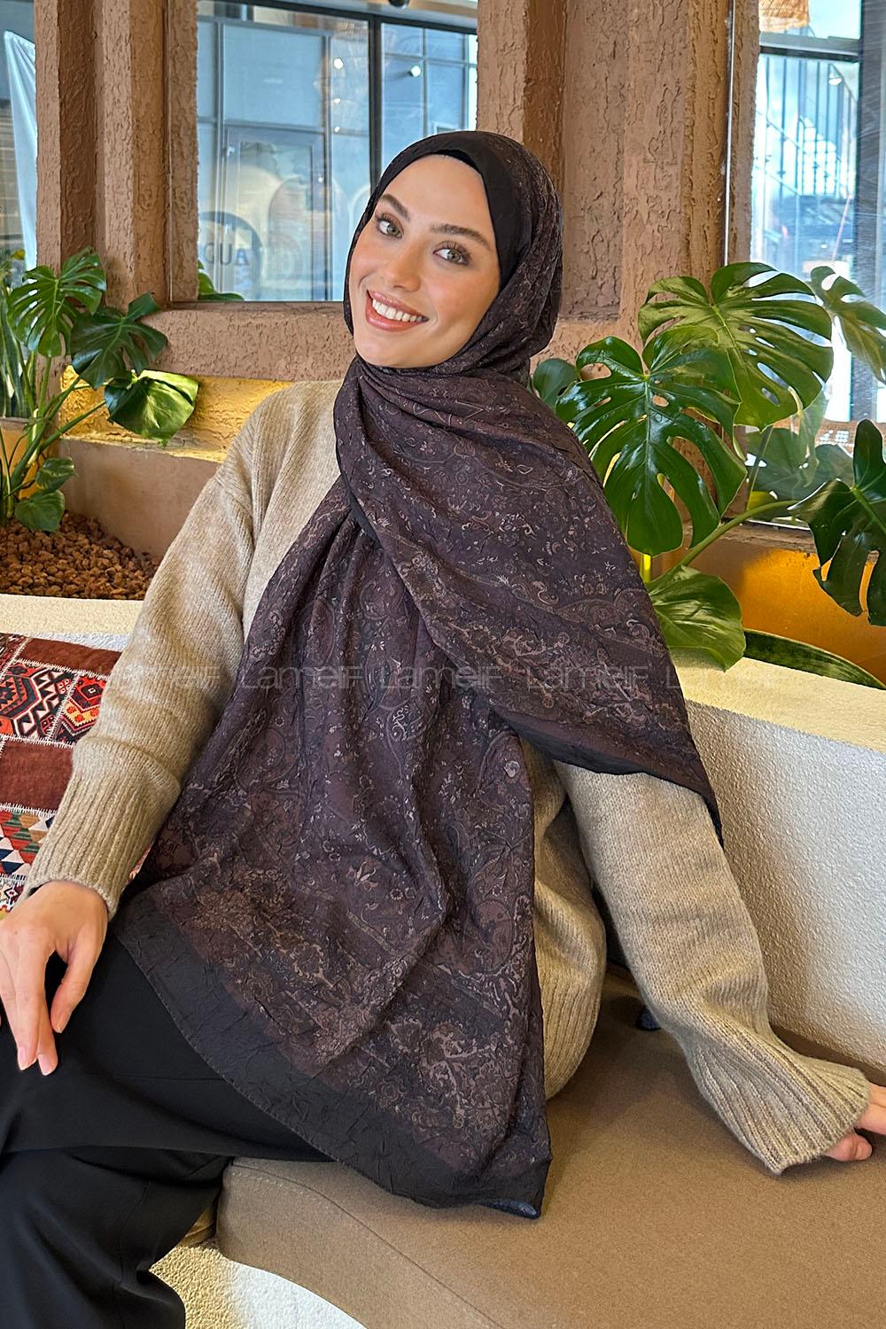 Lamelif Retro Desen Bambu Şal Siyah Kahverengi