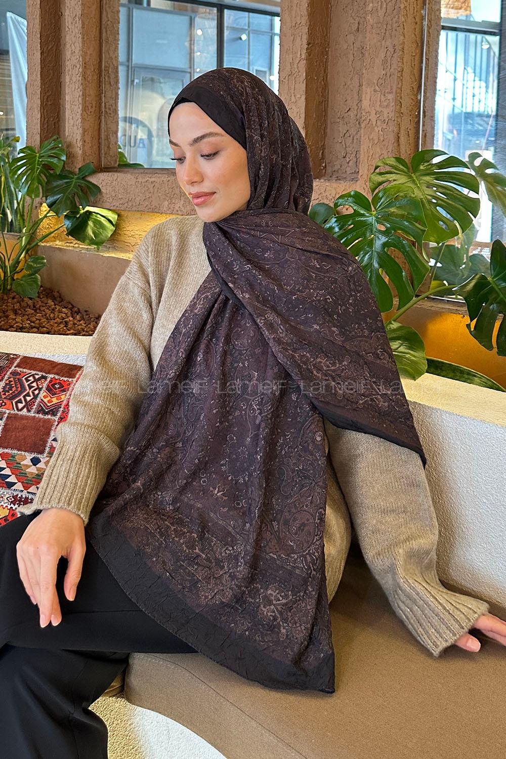 Lamelif Retro Desen Bambu Şal Siyah Kahverengi