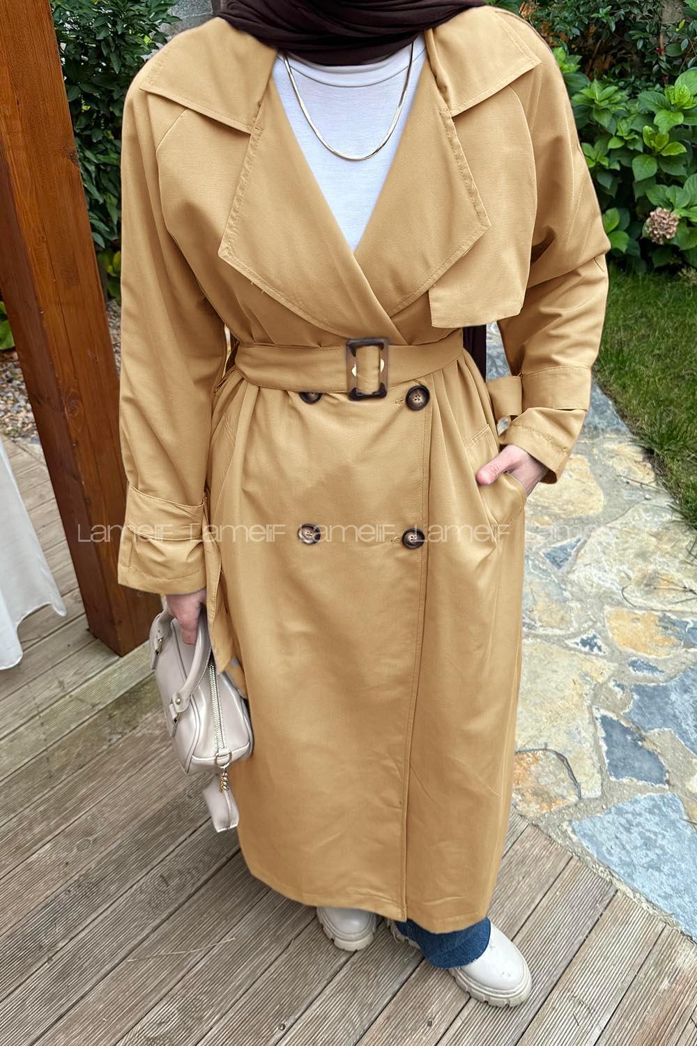 Camel Long Arm Belted Cotton Trench Coat