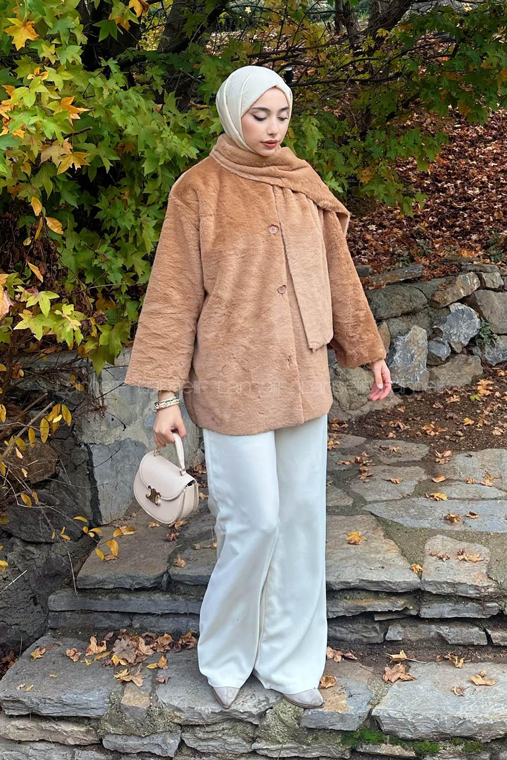 Lamelif Atkılı Peluş Mont Bej