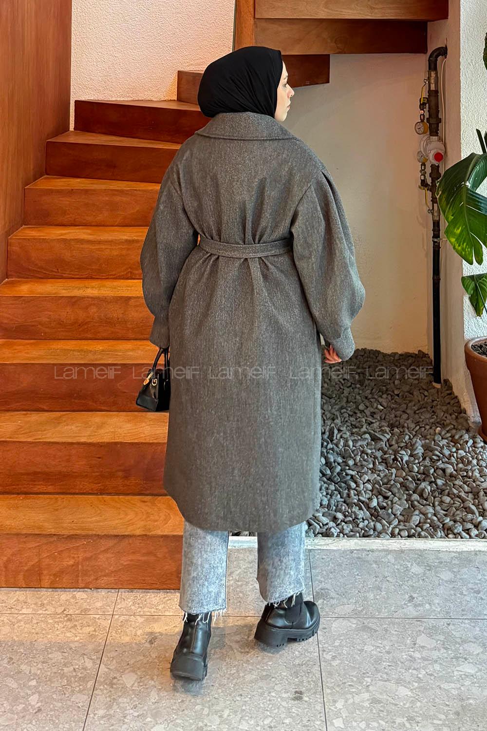 Anthracite V Neck Balloon Sleeve Arm Stamp Fabric Coat