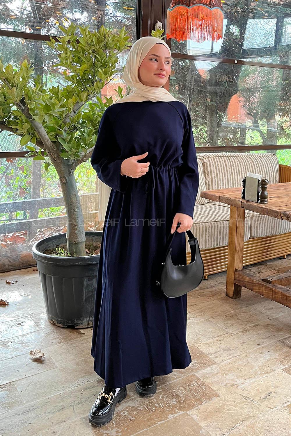 Lamelif Bel Tünel Detaylı Elbise Lacivert