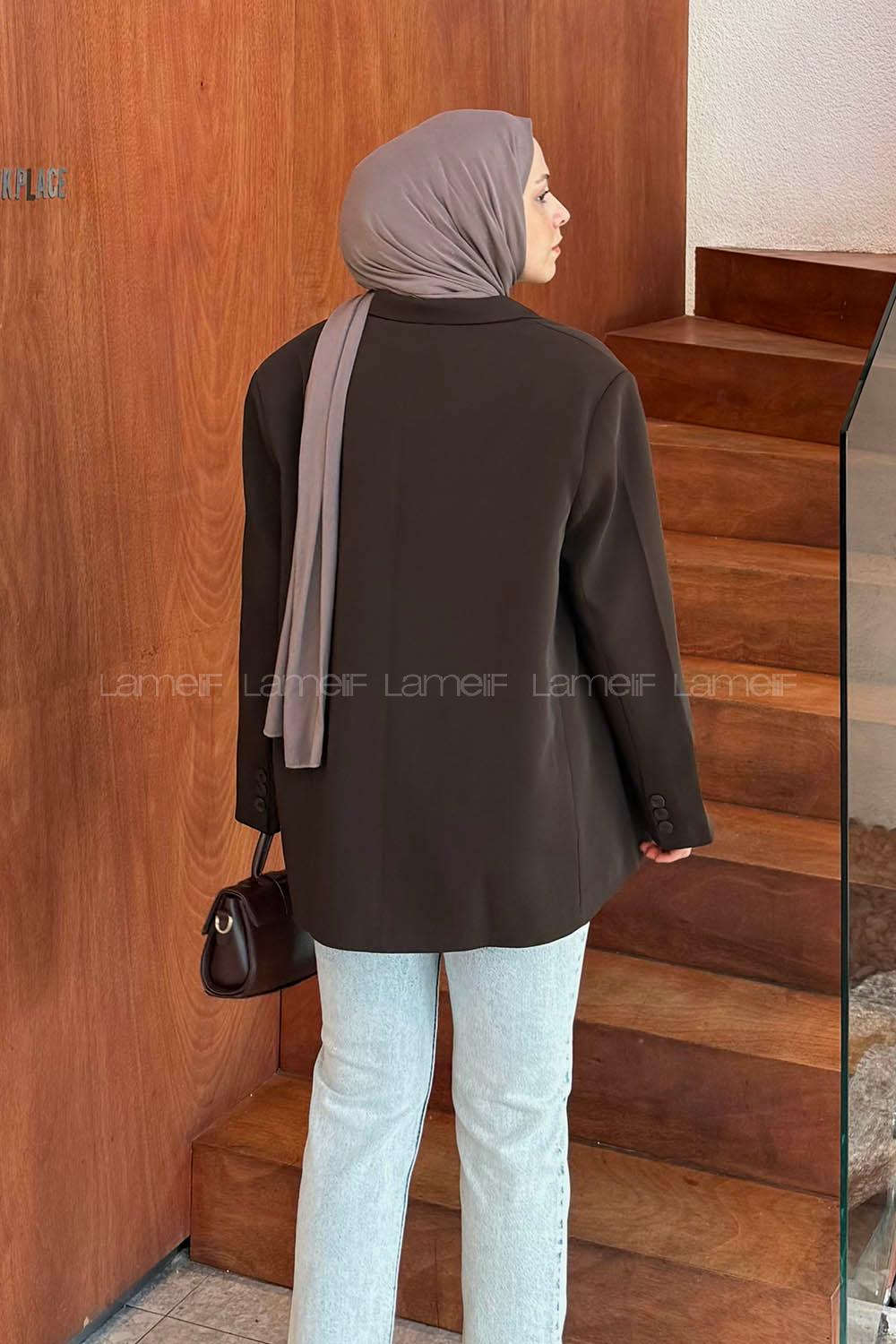 Lamelif Dekoratif Cep Detaylı Tesettür Ceket Acı Kahve