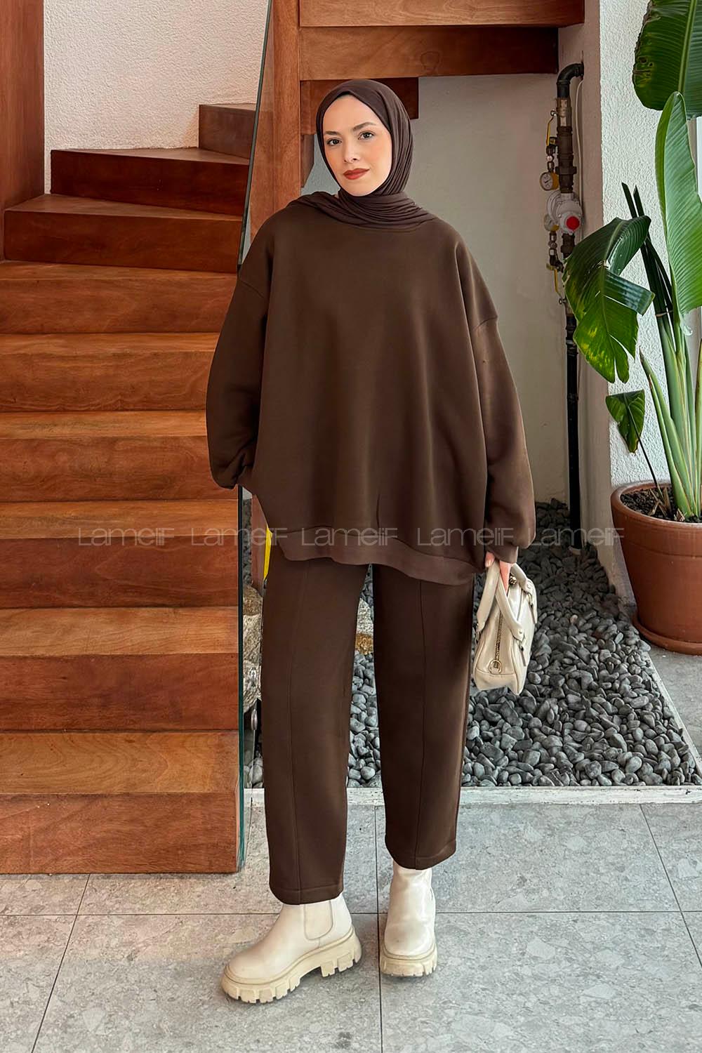 Bitter Brown Crew Neck Long Arm Cotton Regular Trousers Comfortable Suit
