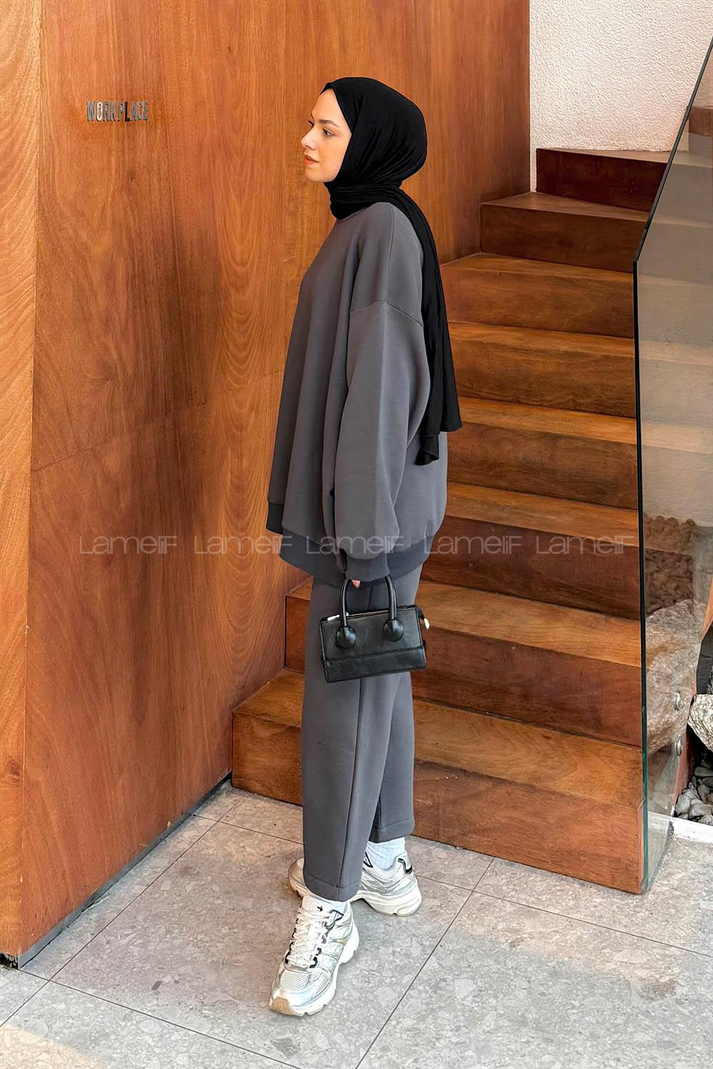 Anthracite Crew Neck Long Arm Cotton Regular Trousers Comfortable Suit