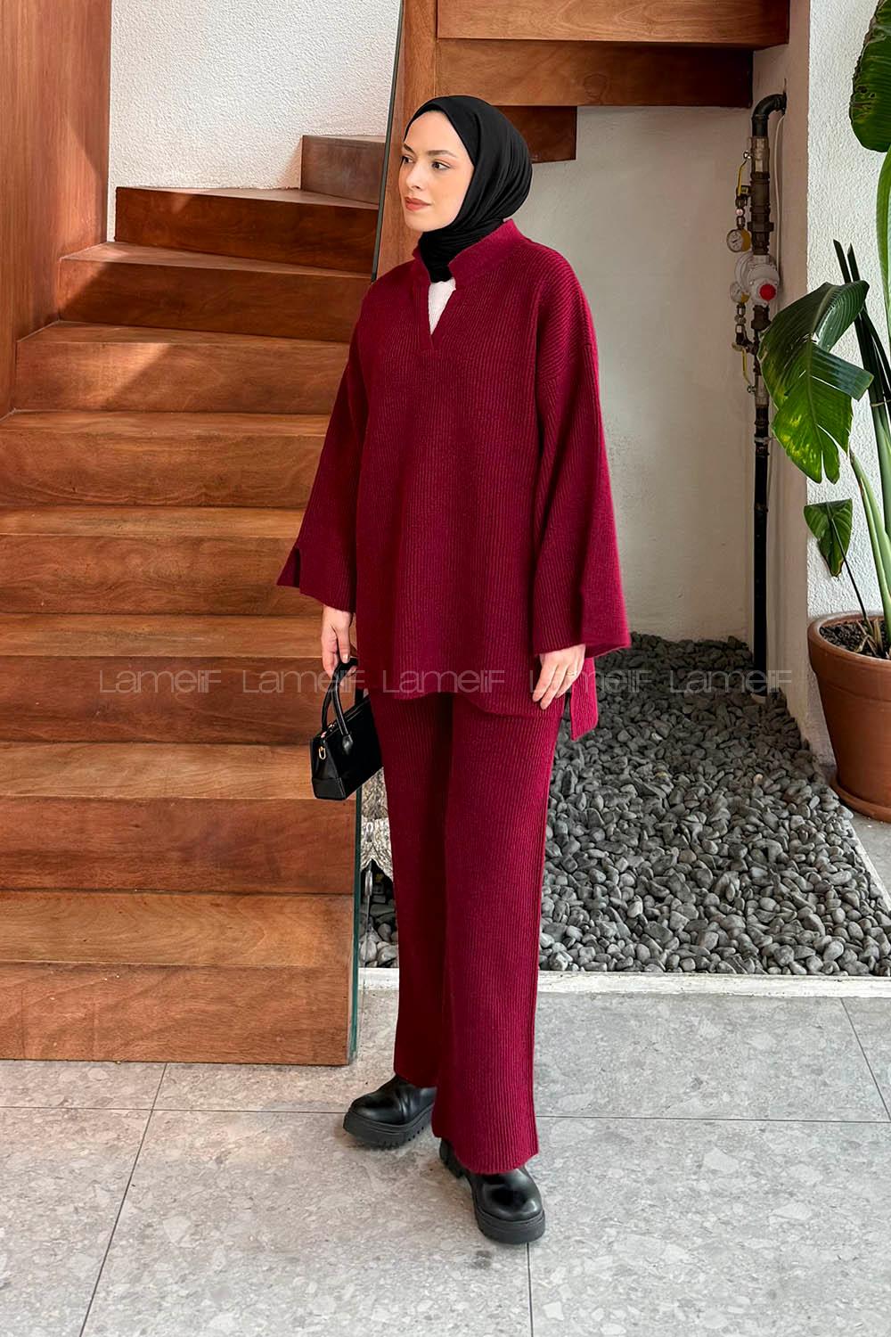 Lamelif Fitilli Triko Takım Bordo