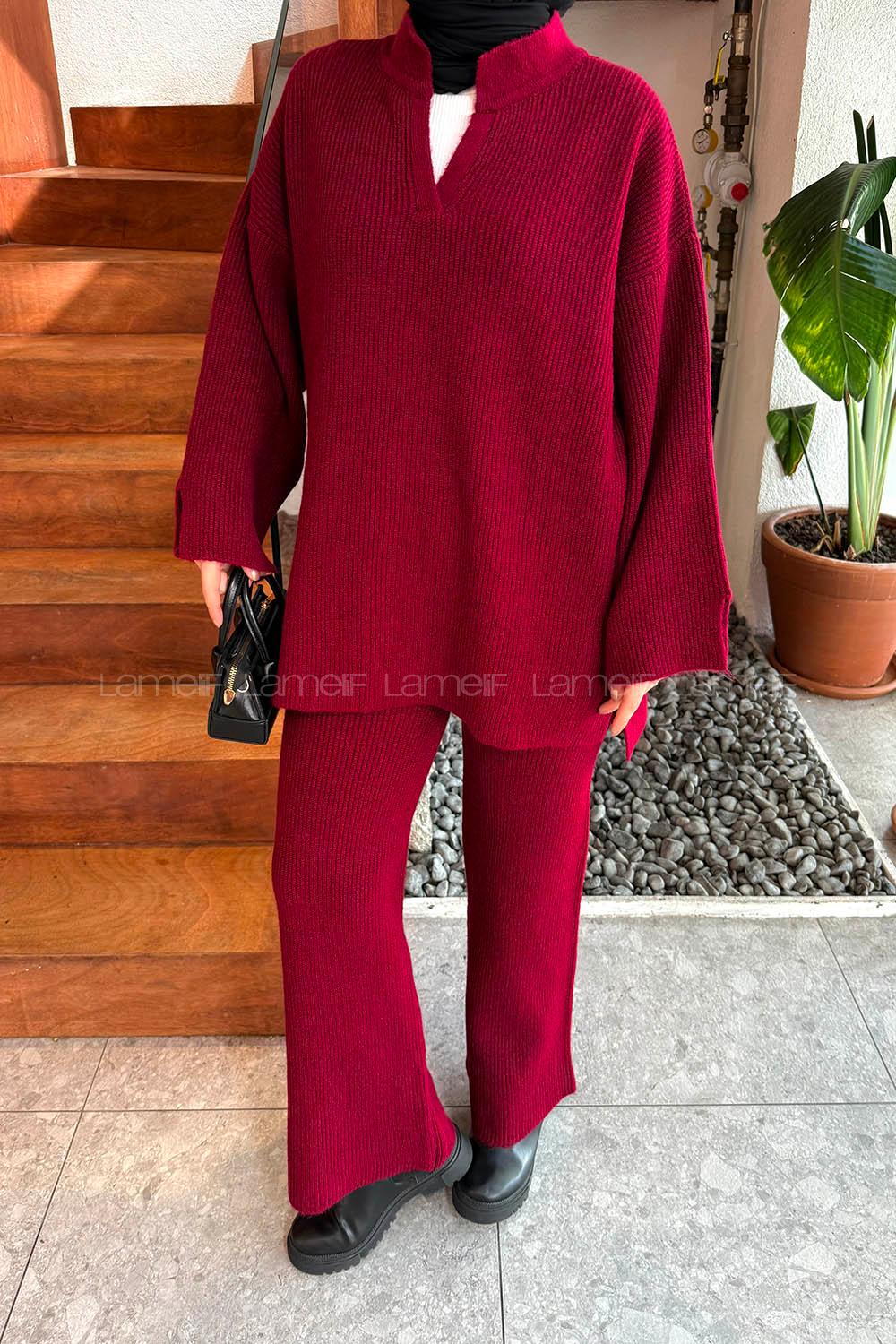 Lamelif Fitilli Triko Takım Bordo