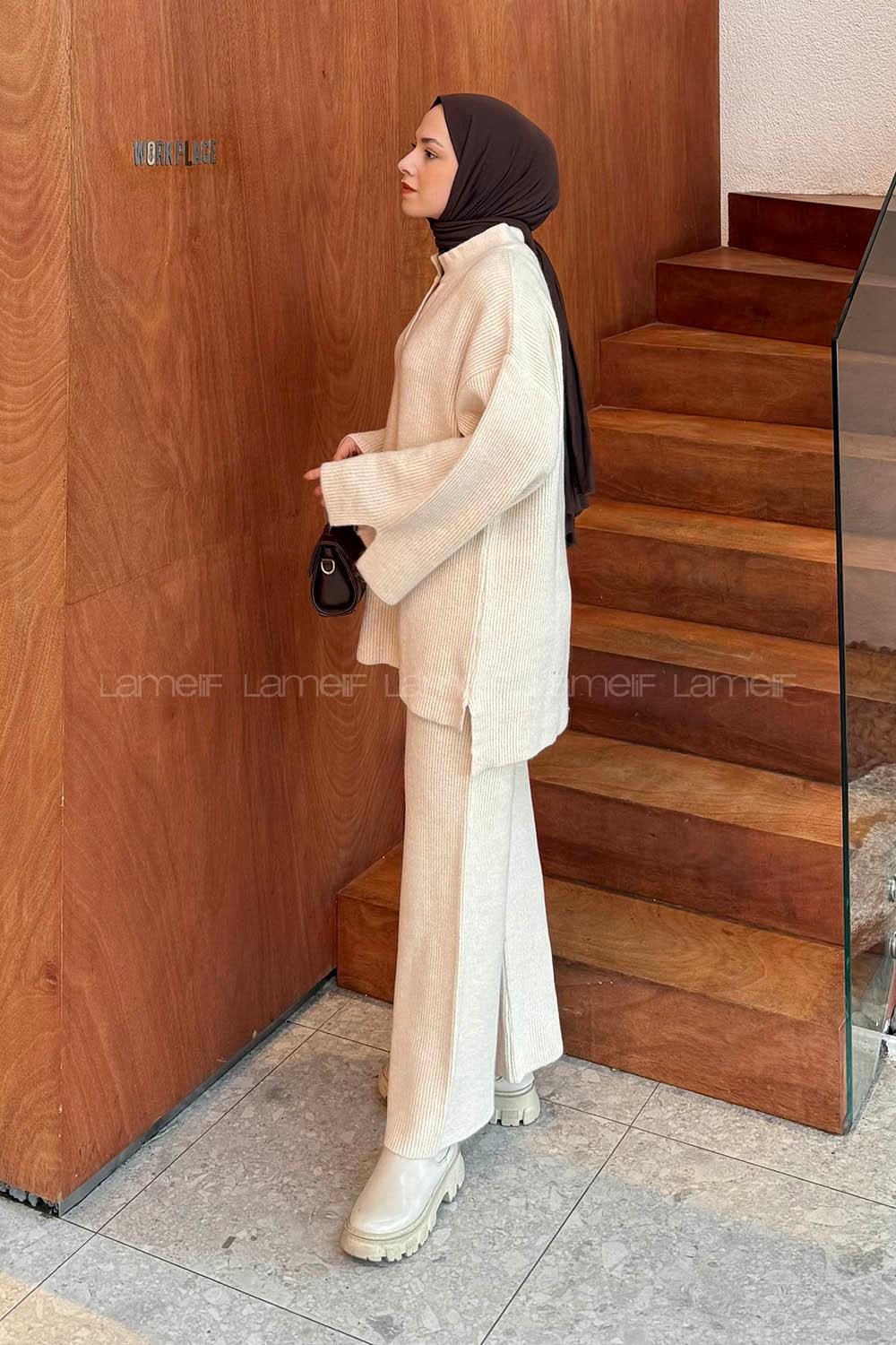 Lamelif Fitilli Triko Takım Krem