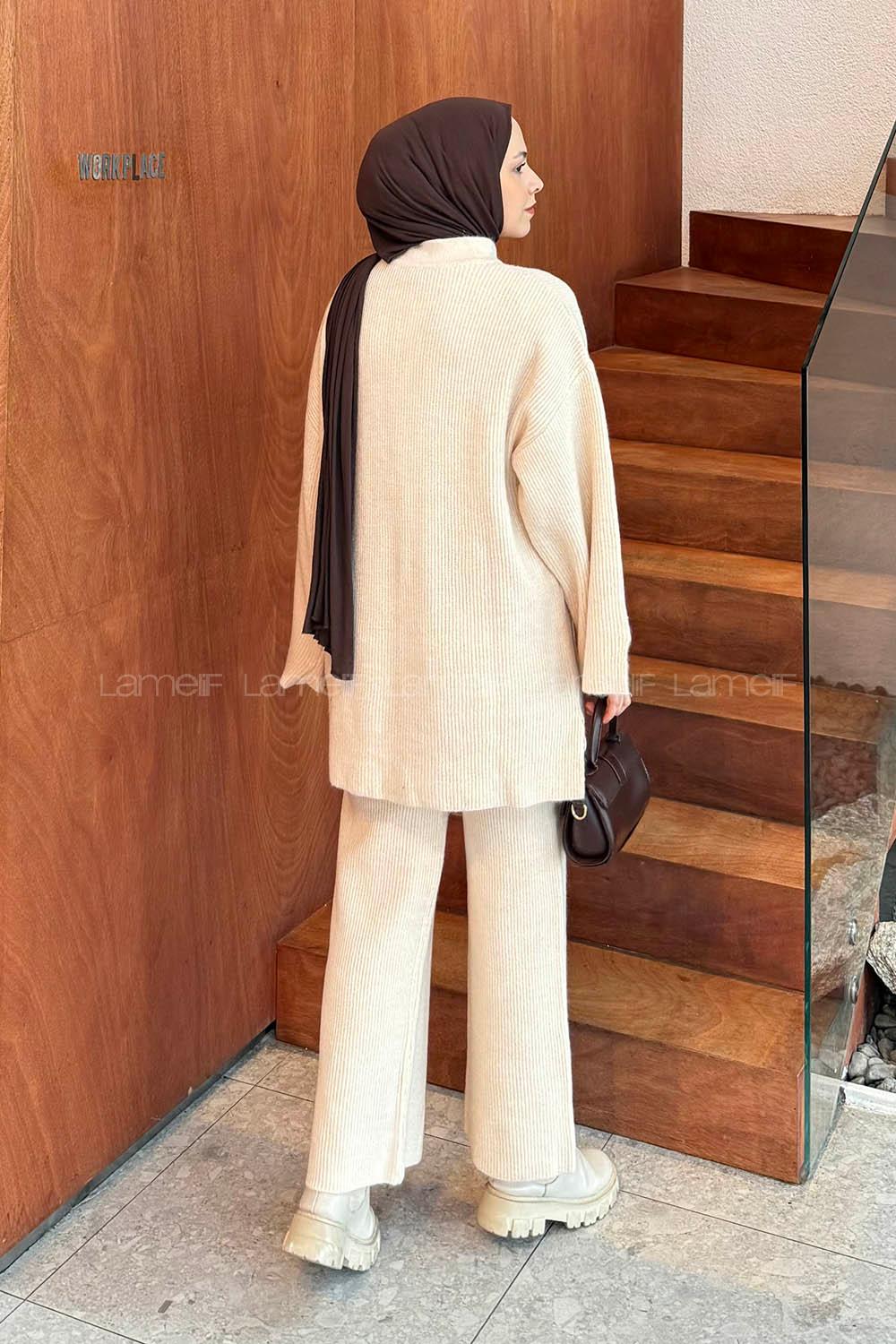 Lamelif Fitilli Triko Takım Krem