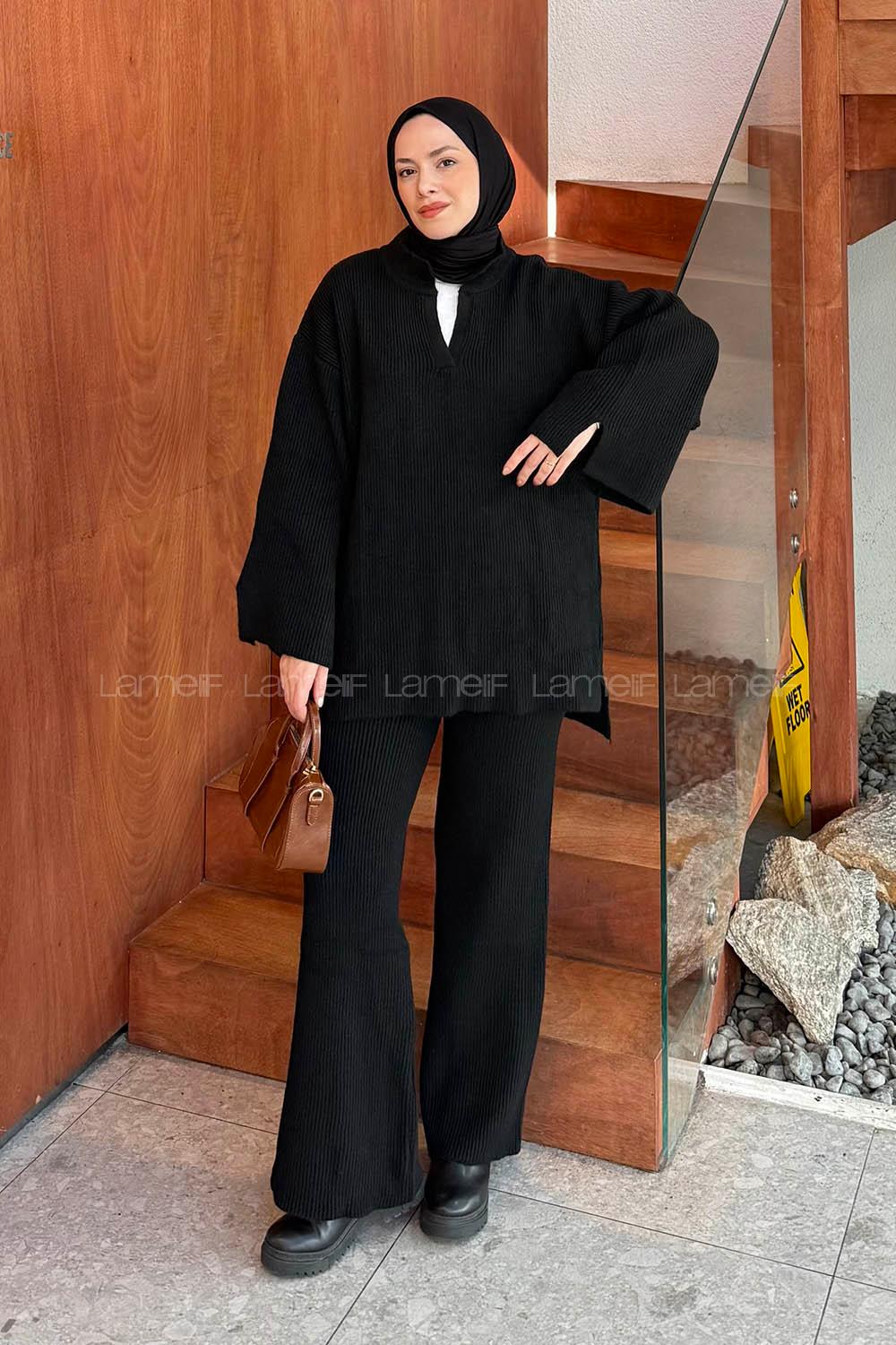 Lamelif Fitilli Triko Takım Siyah