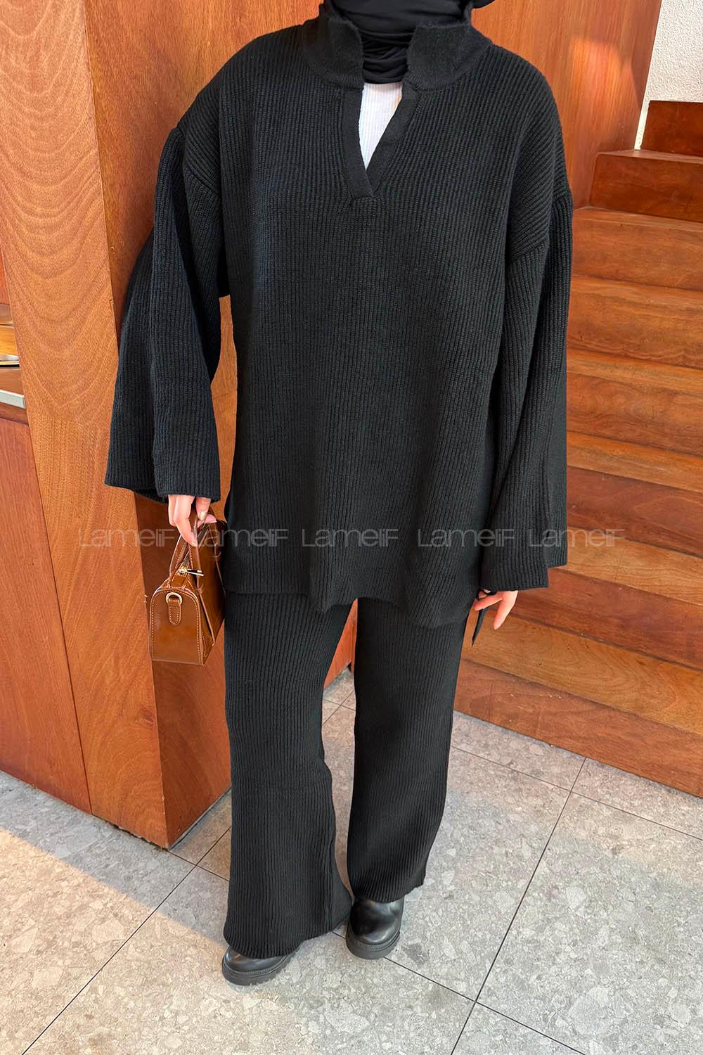 Lamelif Fitilli Triko Takım Siyah