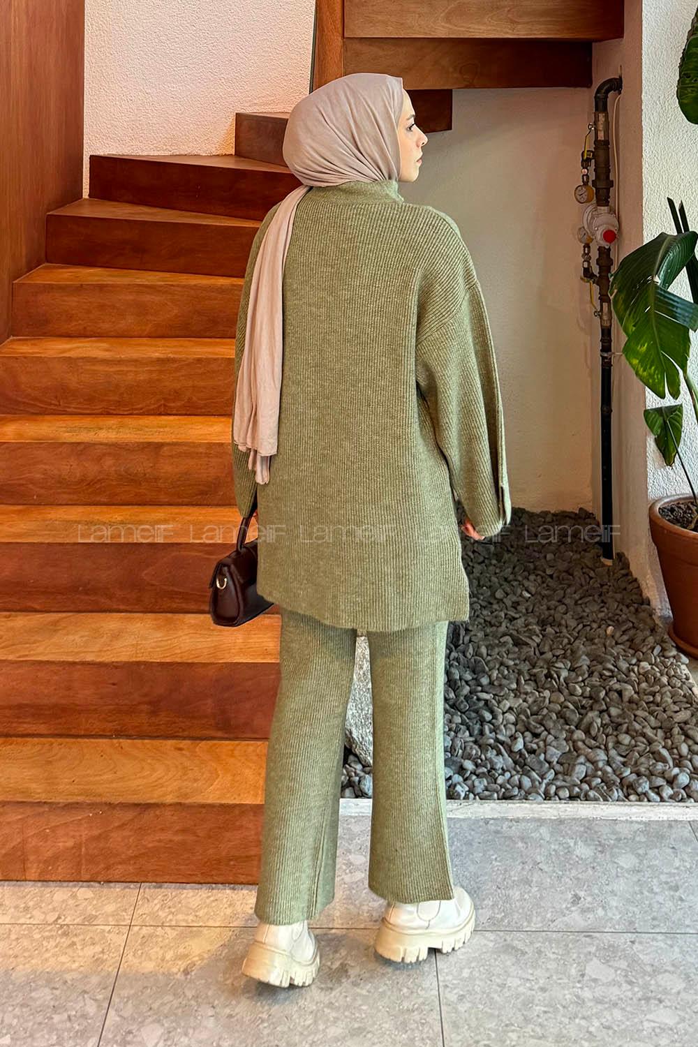 Green Neckband Long Arm Knitwear Regular Trousers Comfortable Suit