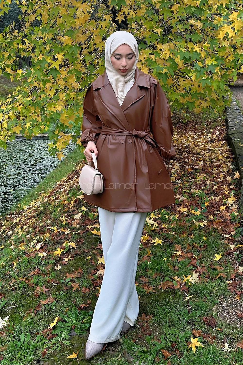 Brown Long Arm Belted Skin Trench Coat