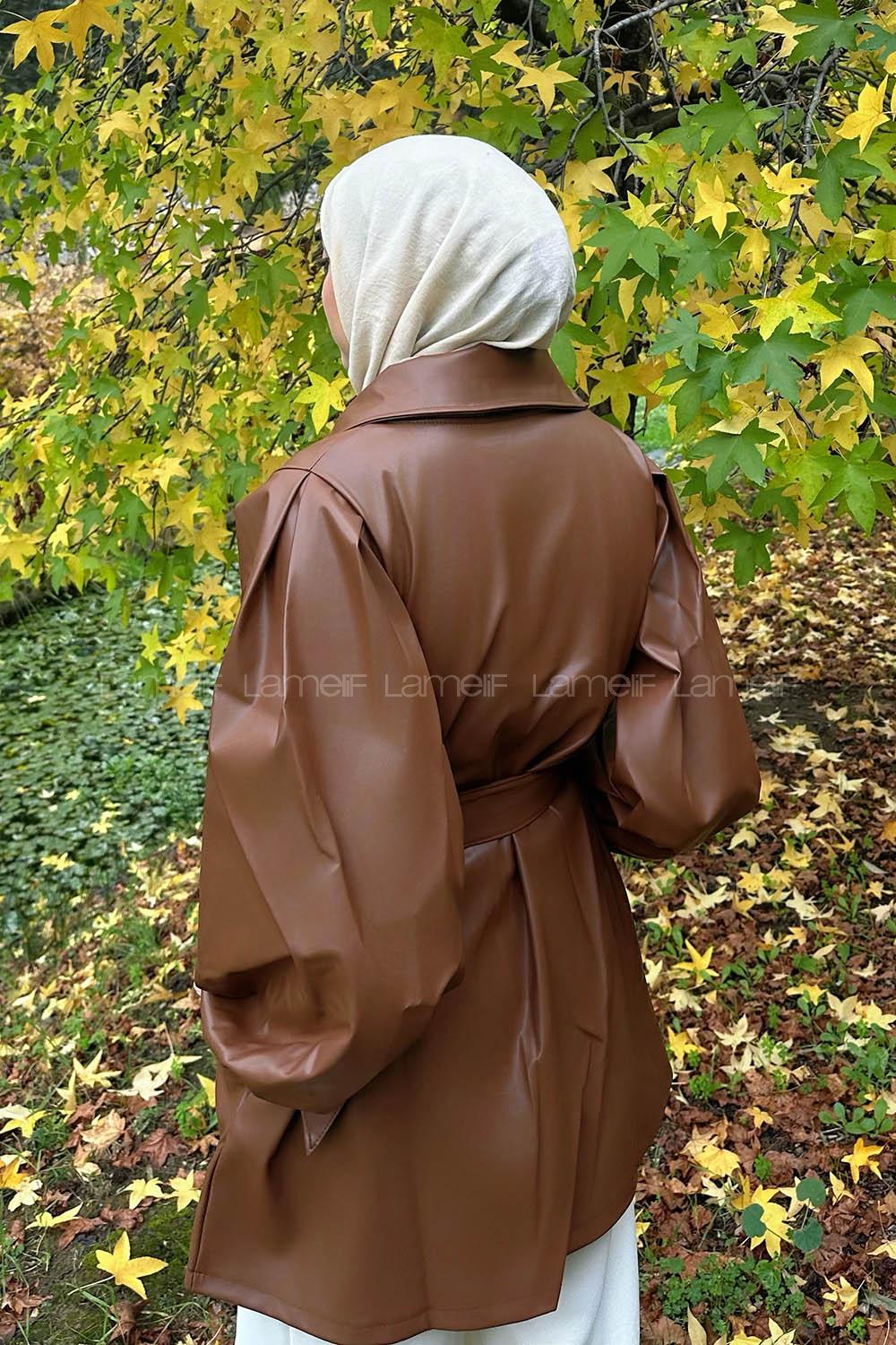 Brown Long Arm Belted Skin Trench Coat