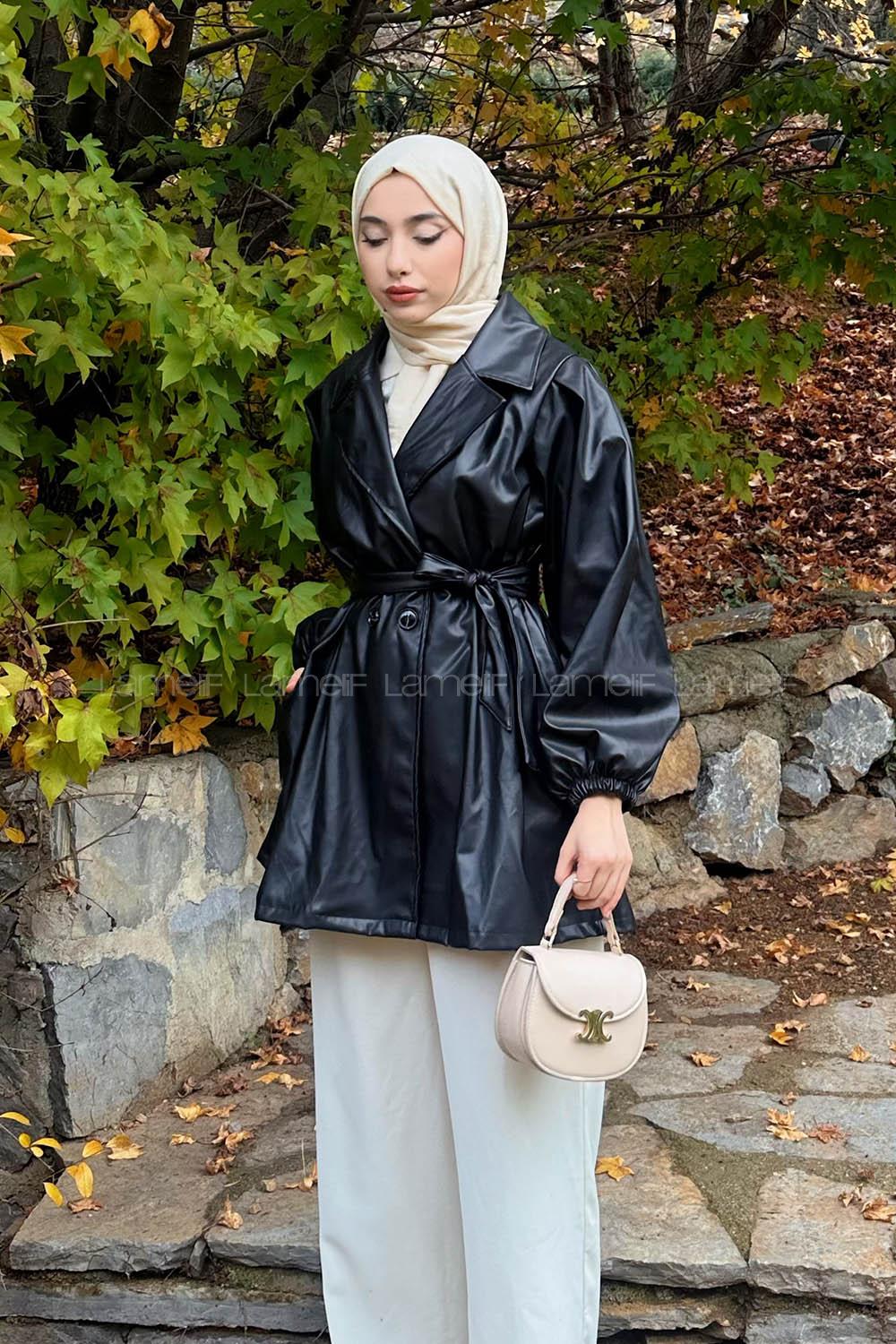 Black Long Arm Belted Skin Trench Coat