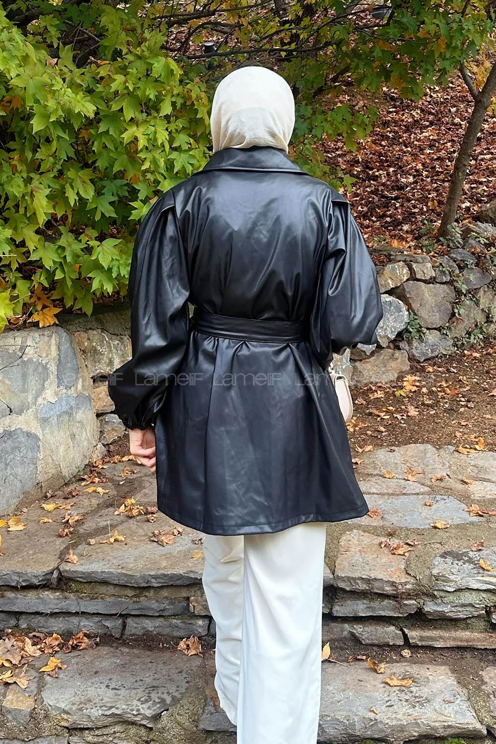 Black Long Arm Belted Skin Trench Coat